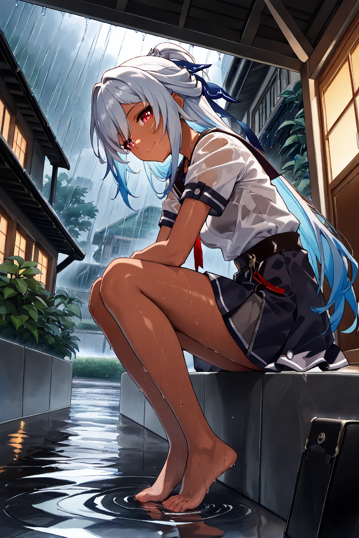 masterpiece, best quality, highly detailed, high resolution, expensive resolution, high resolution, 4k, 8k, Unity 8k wallpaper, highly detailed CG, masterpiece, 2d, 3d, beautiful details, depth, fine texture, best quality: 1.3, perfect focus, clear skin, him, rain, wet, wet clothes: 1.2 very cute anime girl, (knee support), (bra visible through volleyball uniform, wet from pouring rain, knee pads, volleyball shoes), big breasts, expensive hair in twin tails, one girl, rain, (raindrops dripping from wet hair, bra visible through thin volleyball uniform wet from rain, knee pads, support, volleyball shoes, full body), mole under eye, looking at the viewer, expensive