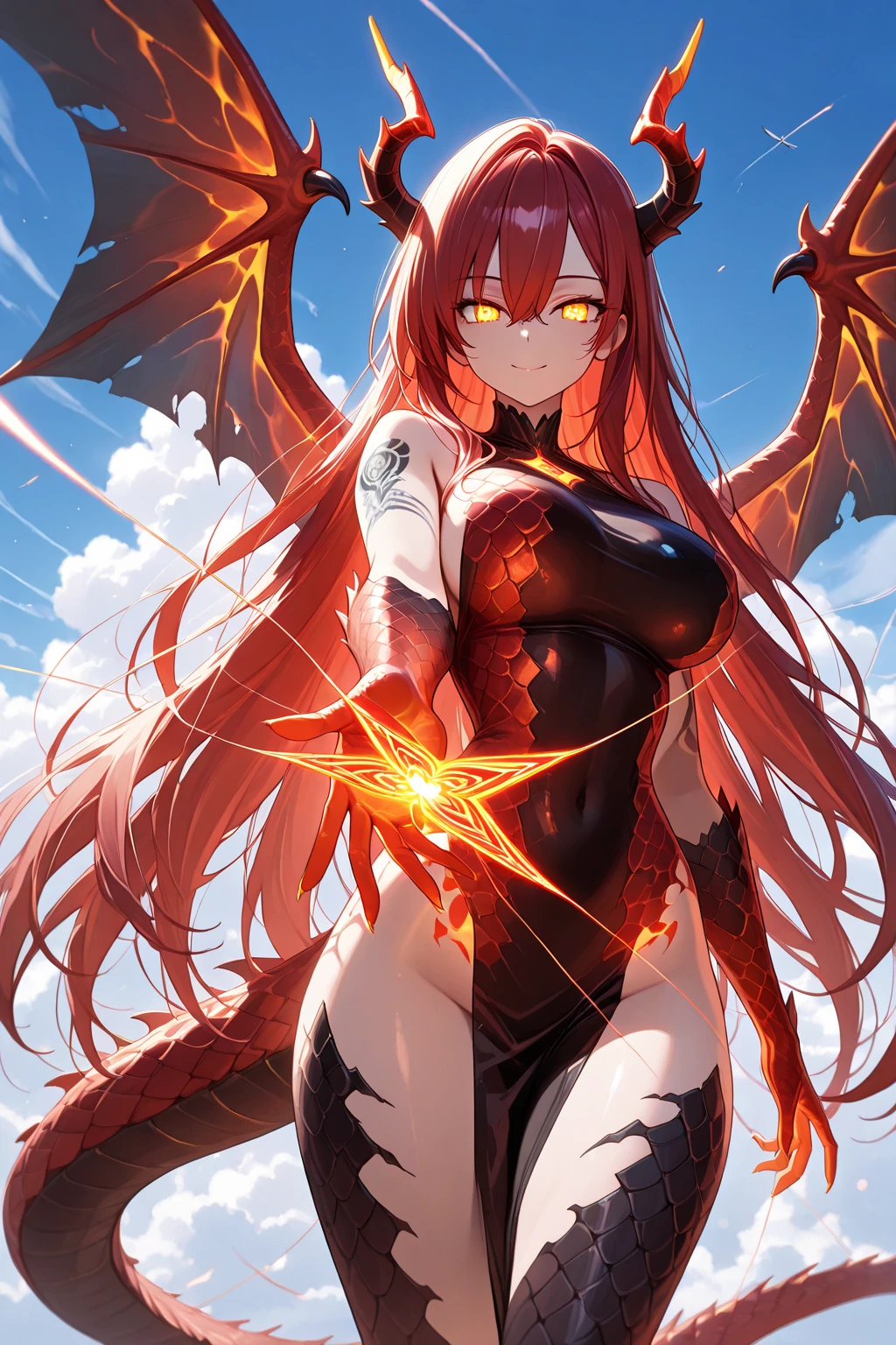 masterpiece, best quality, finely detailed, high half dragon human sexy red