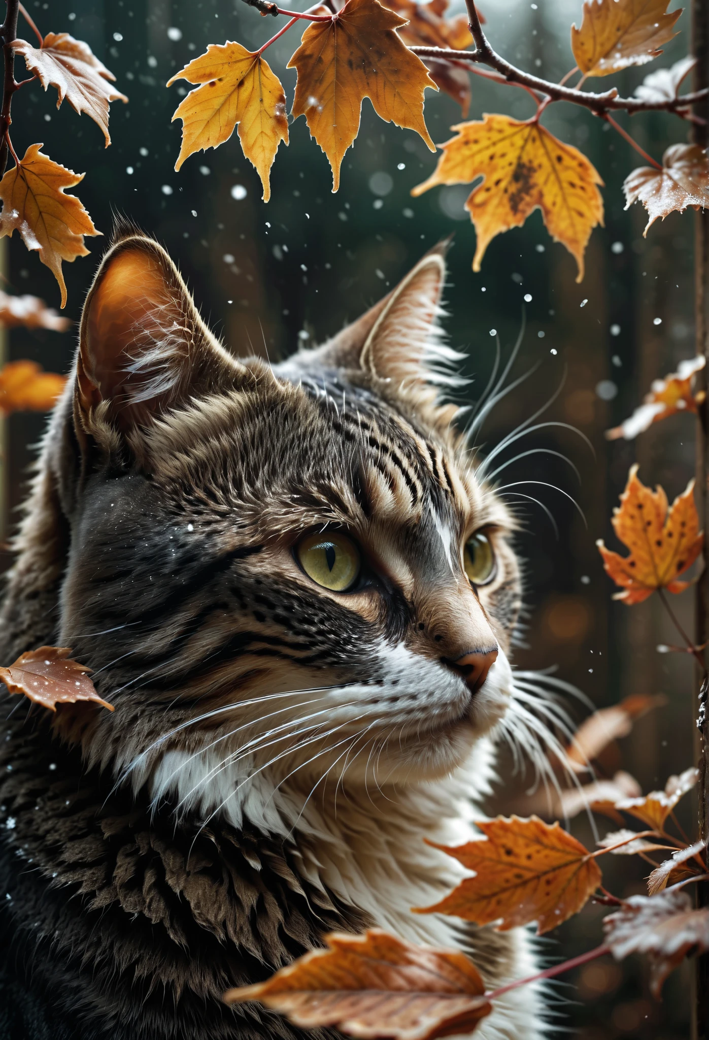 Cat, , flakes, partial snow cover, Film frame,  breathtaking ,  falling leaves ,  melancholic mood ,  paper texture ,  Nature's farewell , soft natural voluminous cinematic light whispered in rustling gusts of wind ,  photorealism,  film grain, film still, hips, intriCately detailed, ,  perfect , beautiful detailed intriCate insanely detailed octane render trending on artstation,  art photography 8K ,  photorealistic concept art ,  soft natural voluminous cinematic light, lights,  awarded photo ,  Masterpiece ,  oil on canvas , Raphael,  Caravaggio, Greg Rutkowski, Bipl, Beksinski, giger
