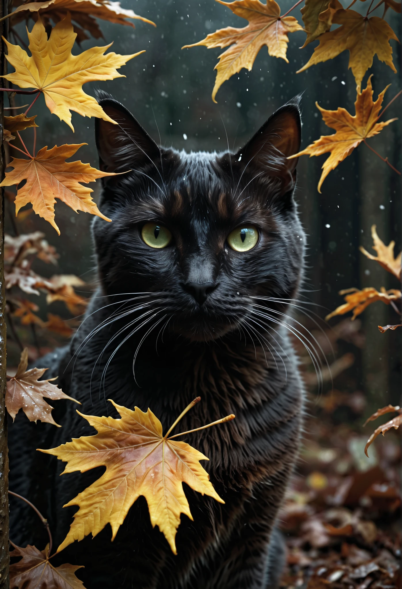 Cat, , flakes, partial snow cover, Film frame, breathtaking , falling leaves , melancholic mood , paper texture , Nature's farewell , whispered in rustling gusts of wind , photorealism, film grain, film still, hips, intriCately detailed, , perfect , beautiful detailed intriCate insanely detailed octane render trending on artstation, art photography 8K , photorealistic concept art , soft natural voluminous cinematic light, lights, awarded photo , Masterpiece , oil on canvas , Raphael, Caravaggio, Greg Rutkowski, Bipl, Beksinski, giger