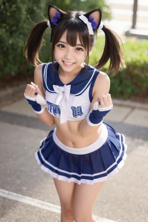 (Best-quality, Masterpiece, Ultra-High-Resolution, (Photorealistic:1.4), Raw Photo, depth of field, professional lighting, perfect anatomy, extremely details), 1girl, 15-years-old, the most famous Japanese idol, full body, (((turning around, pirouetting):1.3)), wearing cheerleading-uniform, (extremely cute and extremely big eyes), (extremely beautiful and extremely realistic skins), innocent smile
