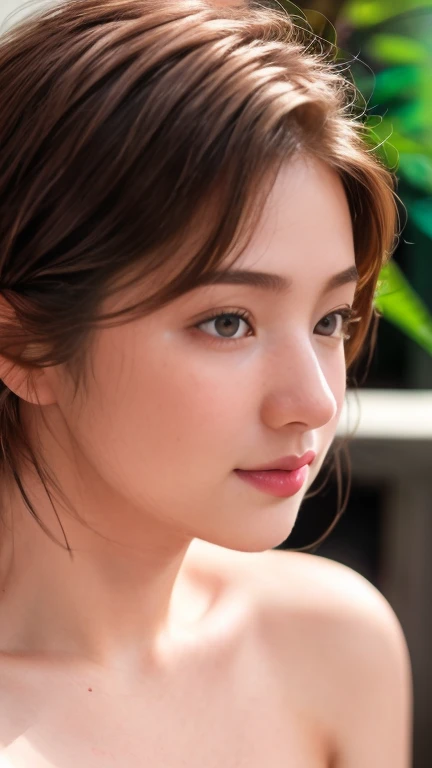 (((life-like realism))), (((masterpiece))), ((anatomically correct)), ((best quality)), ((intricate detailed)), ((UHD)), ((realistic photograph)), erotic mood, seductive and elegant, detailed pupils, slightly downturned eyes, (sleepy eyes:1.2), dreamy look, subtle eye bags, natural tear trough, minimal eyelashes, 1 girl, Korean, exotic beauty, high-fashion model, avant-garde aesthetics, ethnically ambiguous, mixed-race beauty, short black hair, baby hair bangs, hair Bangs, slender face, small face, sharp V-shaped jaw, high cheekbones, visible cheekbones, beauty mark below nose bridge and right cheekbone, realistic skin texture, slight imperfections, slight blush on cheeks and nose, warm undertones, subtle skin details, smooth and glowing and pale skin, natural uneven skin tone, subtle skin imperfections, light freckles, natural freckles, subtle freckles across nose and cheeks, natural lighting gently highlighting the cheekbone area, small sharp nose, slightly asymmetric lips, plump lower lip on one side, slightly parted natural-pink lips with a natural light-red hue, delicate collarbone, lush curves, soft V-line jaw, slightly rounded chin, realistic and medium breasts, toned yet curvy body, natural proportions, striped long-sleeved t-shirt and black jeans, do wink, wink, plants, natural lighting, foreshortening, pureerosface_v1