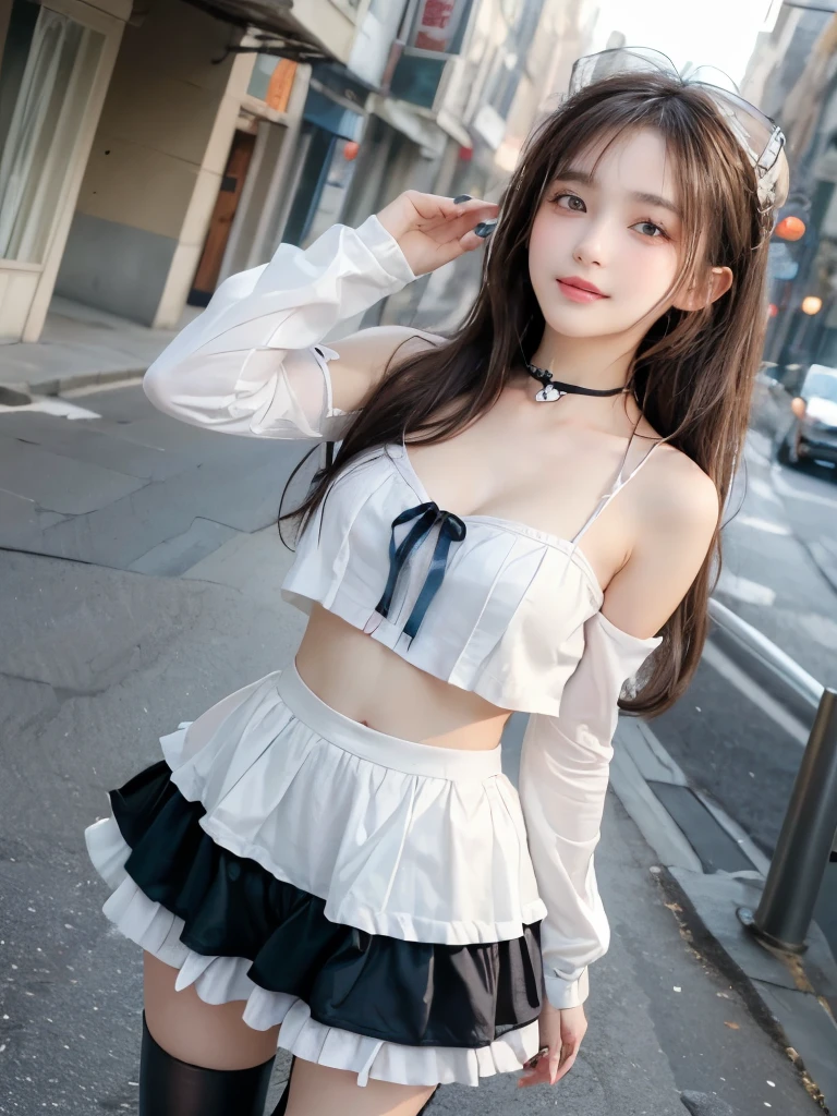 sleeveless shirt, layered shirt, layered skirt, crop top, wrist cuffs,gradient legwear, red thighhighs,high heels, boots,hair flower, ribbon, A beautiful fairy girl with large breasts, bare shoulders, and a short hemline, 4k ultra HD, masterpiece, detailed eyes, detailed lips, elegant poses, random scenes, random shooting angles