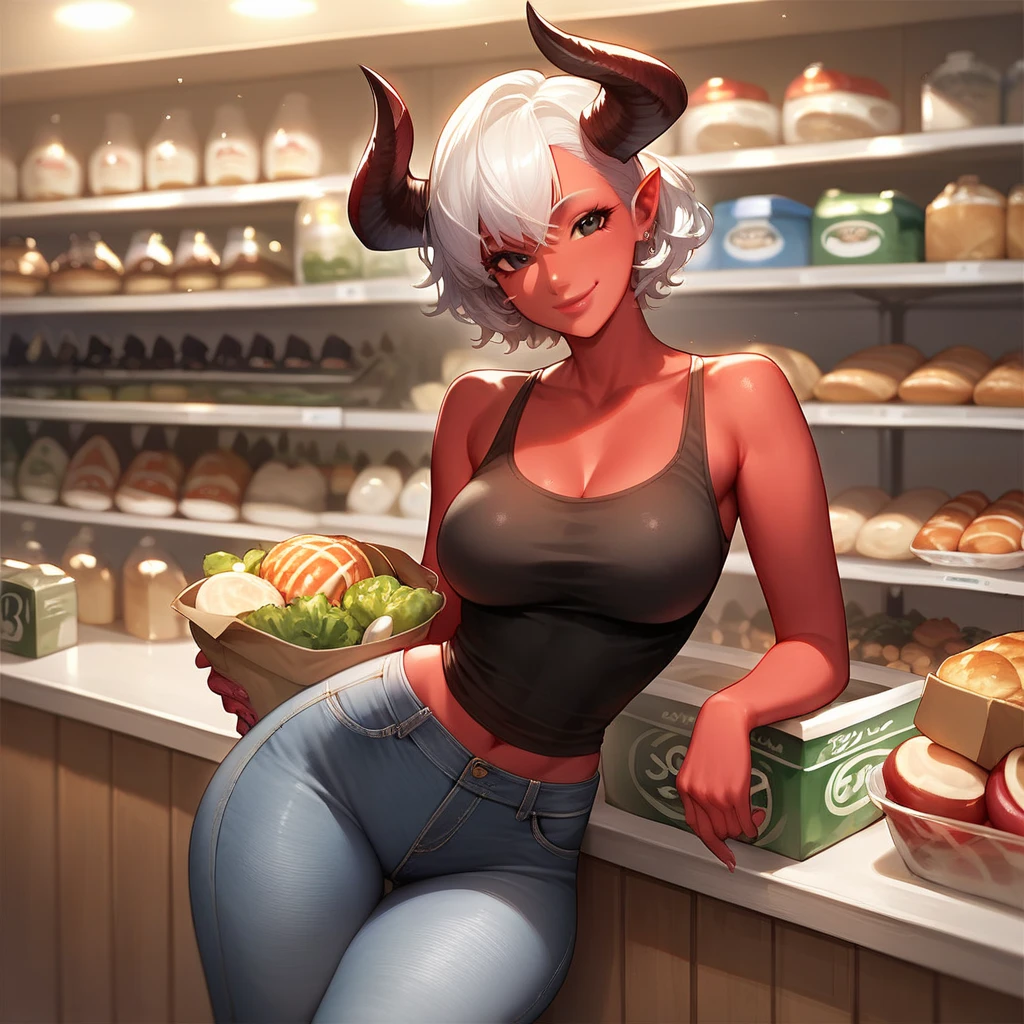 score_9, score_8_up, score_7_up, score_6_up, score_5_up, score_4_up, digital art, supermarket, BREAK meru, 1girl, solo, (mature woman), milf, horns, black hoodie, (denim short shorts), inverted bob, medium hair, black hair, looking at viewer, facing away, red tail, demon tail, smile, huge hips, huge ass, muscular, bodybuilder, str0ng woman,