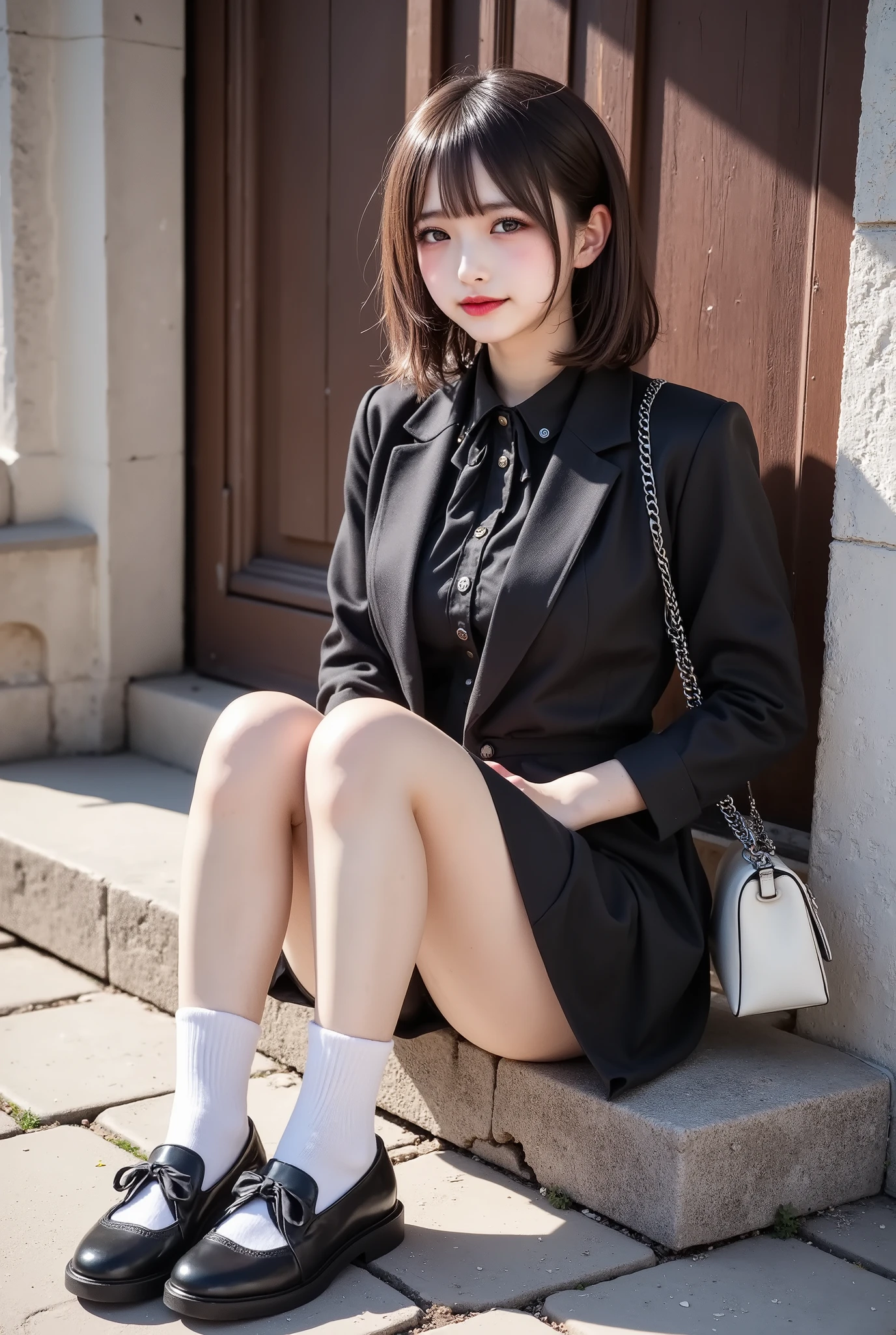 A young girl seated gracefully on a stone pavement, dressed in a Gothic-style outfit. She wears a black tailored jacket over a black collared dress, paired with white socks and classic black Mary Jane shoes. A white chain strap shoulder bag rests at her side, and her dark hair is adorned with a black ribbon accessory. She has a delicate and refined expression, with sunlight casting strong shadows on the textured stone walls and aged wooden doors behind her. The Gothic Art Style enhances the scene with chiaroscuro lighting and soft shading, while sun rays filter through the space, adding warmth. A vignette effect subtly focuses attention on her, creating a timeless and elegant composition.
