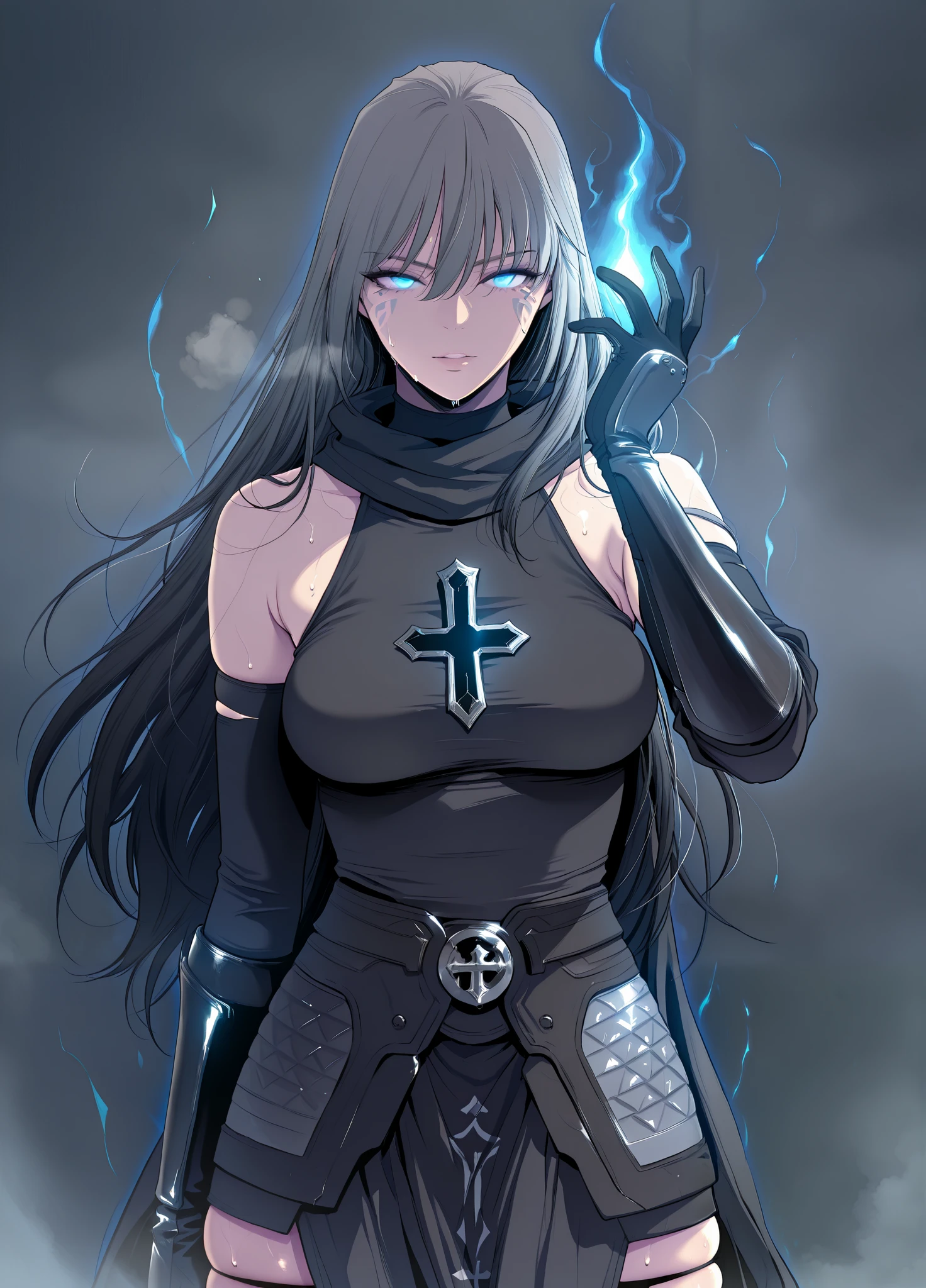 masterpiece, high quality, absurdres, best quality, very aesthetic, newest, anatomical correct, HD, 4K, digital art, trending on DeviantArt, gasping, heavy breathing, excessive sweating, sweating, sweating profusely, gasping profusely, cinematic, ((skindentation)), ((voluptuous)), Teresa_Corrupt, facial tattoo, facial mark, blue eyes, long hair, grey hair, black hair, hair between eyes, (buta-style), 1girl, solo, gloves, cross, glowing, dress, breasts, black_dress, black_gloves, looking_at_viewer, bare_shoulders, glowing_eyes, (aura:1.2), detached_sleeves, fog