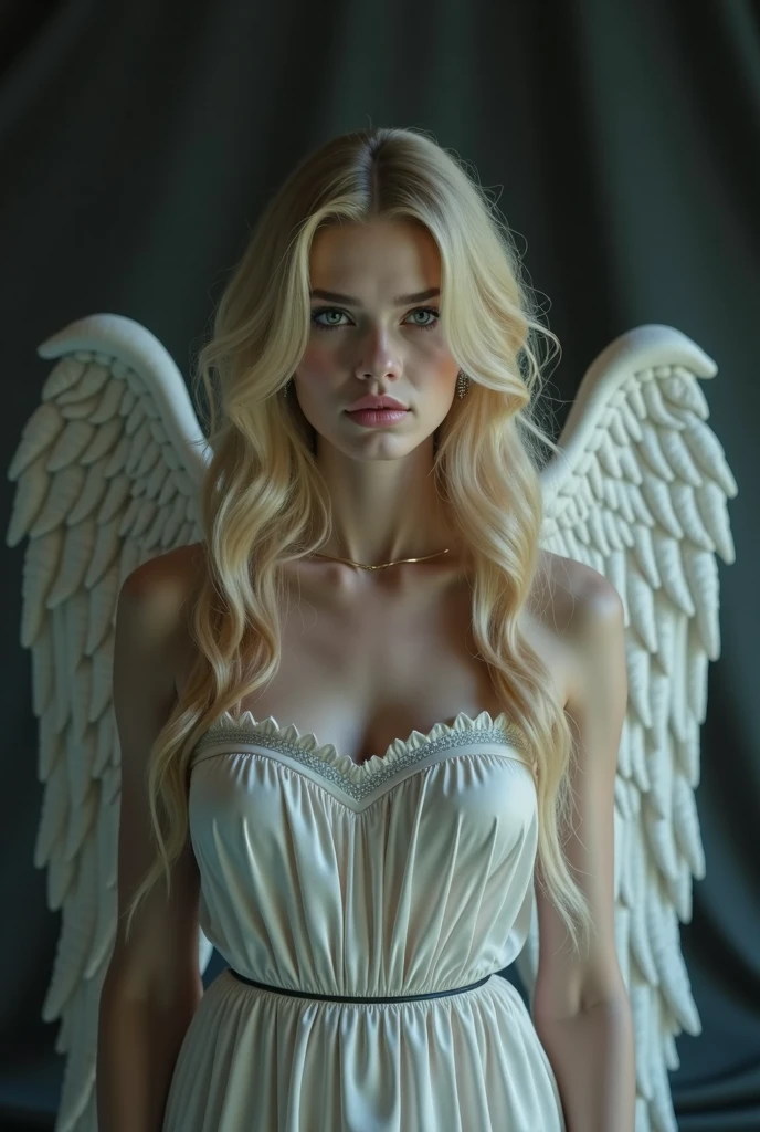 a angel with huge white wings, wings coveing her body, blond hair, closing her eyes, female figure, renaissance style painting, tears on face, sad face expression, deep and gloomy vibe, obssessed with love, dangerous, broken heart, crying