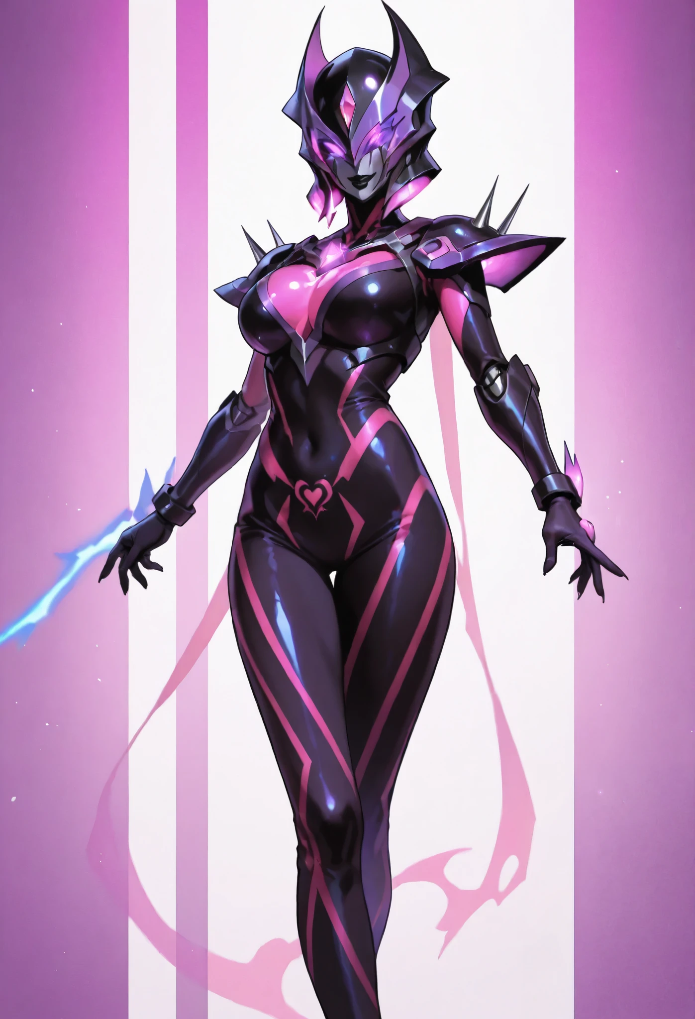 Dark UltraWoman. (high quality)(luster)((Black Face and red eyeline))(Black thema color. Purple thema color. black helmet. A full-face helmet. Pink lines. Purple glowing mechanical eyes. The whole body is covered with a black bodysuit. Thick legs. Spike decoration. Pink lines all over the body. Heart tattoo . purple coloreye. pink glow crystal. pink sharp claw. White background.