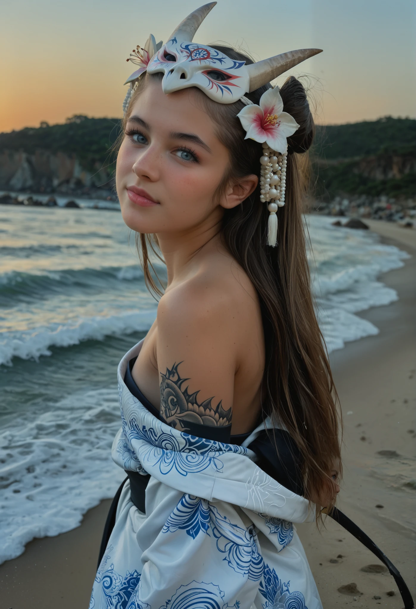 ,masterpiece, best quality, very detailed, score_9, score_8_up, score_7_up, score_6_up, natural white hair color, hair ornament (flower, blue, hair jewelry, pearl, and blue stone), solo, 18 years old, ( solo), outdoor, very sexy, female, bright blue cat eyes, (fluffy cheeks: 0.4), (white lace dress), cute, cel-shading, fca style, beach, night, starry sky, wave, sea, (darkness: 1.5), backlight, (side view: 1.3), (upper body photo), looking back, looking at viewer, face turned 3/4 forward ,
fit body, dragon tattoos, (short kimono, oni mask sideways on head, samurai sword), long eyelashes, long hair, small breasts, wardrobe malfunction, cleavage, blushing, beauty, (dragon in background), no panties, cleft of venus