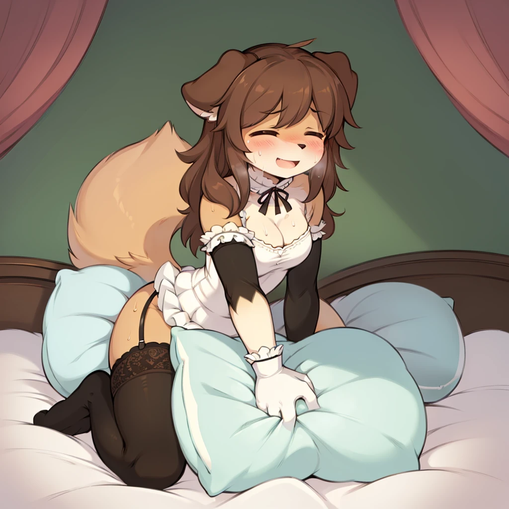 （ masterpiece， Best quality ），mine, The Beast, , ( ））可爱女孩在Pillow上摆姿势,，maid suit，nature,, ( blush),A smile，Pillow,（Lots of Pillow），Soft cushion，（mosquito net bed ），（Pillow），Lots of Pillow，，，（A tail），（Around the protagonist），steam，（Pillow），（LuxuryPillow），（Palace Pillow），（，（  classical European bedroom   ），（Excited，），，( Luxury Rococo Style King Bed with Canopy), surrounds a large bed .,((((The bed is piled with many Pillows)))),Quilt details,Detailed bed sheets,,((Pillow in detail)), ((((A Lot of Pillow))))，，、、 soft sheets and quilt 、Colorful soft Pillow、Lots of Pillow、Pastel-toned bed、 Delicate Face ，，柔软的Pillow，，（   classical European bedroom    ），（Excited脸， open mouth ，Shy，），（更多Pillow)，， blush，, exhaling hot air ，steam， 1girl ,brown hair,Dog girl , furry female, lace stockings， lace long gloves， garter socks,dog tail，,matuurafox ,，underwear， smirk expressions ,sweaty，Sweat，Exhale hot air，pillow humping,VHSdoggyPxl 