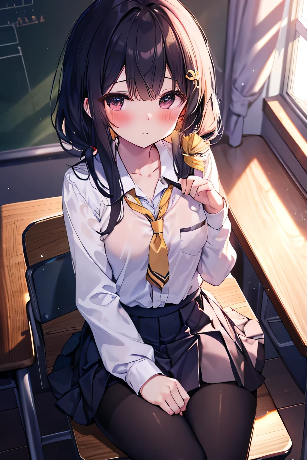 chica invisible,  sitting on a chair ,  crossing the legs,  school background,  school background(classroom), complete anatomy,  school uniform, tie, shirt, skirt, pantyhose, blush, primera persona, Charm,  underwear, great body, 8K,  light and shadow effect.  masterpiece.