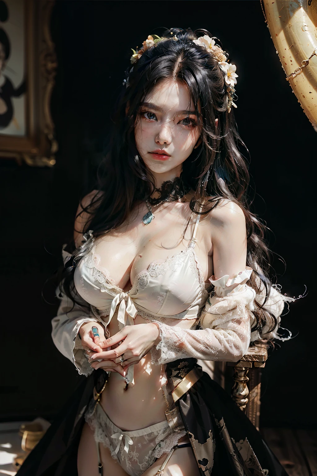 photorealistic, high resolution, soft light,1women, solo, hips up, shinning skin, (detailed face), jewelry, tattoo, super long hair, sperm on her face (facial), black hair, long hair, mafia