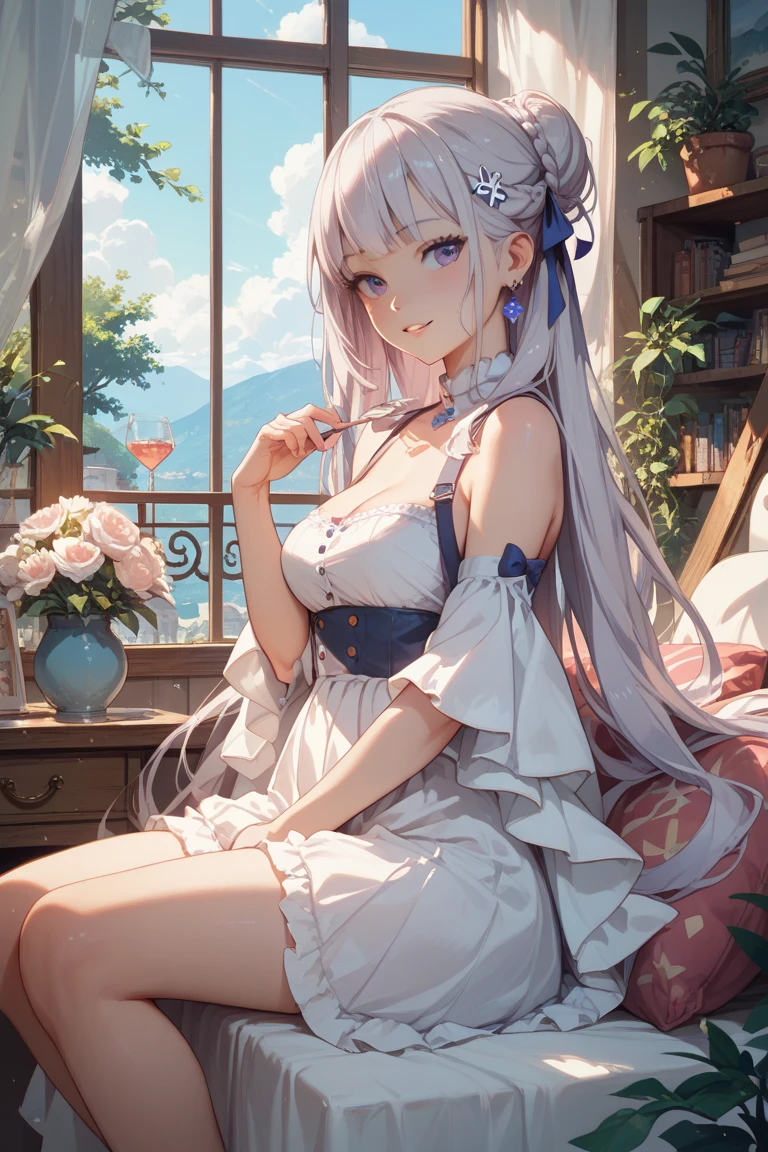 Photorealistic、Highest quality、Highest Resolution、Highest quality、8K、1人のBeautiful woman、Beautiful woman、Beautiful woman、Big Breasts、smile、looks fun、flower束を持つ、flower、flower束、