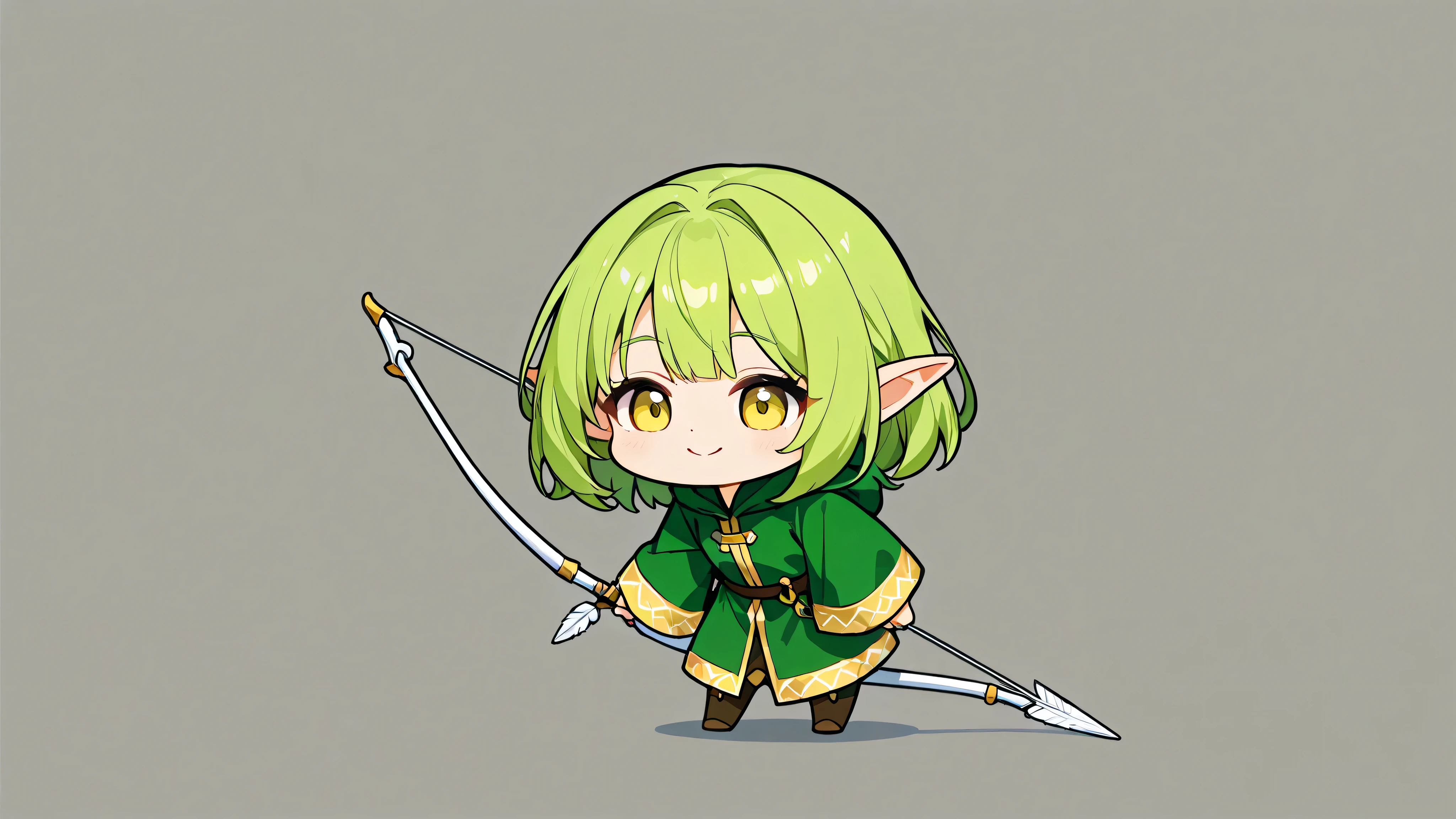 Draw only one character in the image. best quality, Alone, フラット color, color, chibi , A chibi-style, two-heads-tall girl with pointed ears and long green hair. She is elf. She is wearing a green short robe adorned with magical patterns She has a bow and arrow. She is standing in a cute and confident pose, facing forward with a big, cheerful smile. The background is a plain yellow, making her the central focus of the image.