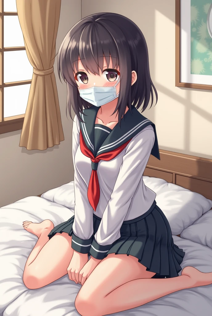 kurumitokisaki, tokisaki kurumi, black hair, low twintails, (hair over one eye:1.5), (red eyes:1.2), (small breast:1.2), BREAK thighhighs, hat, cleavage, white thighhighs, nurse cap, nurse, tokisaki kurumi, BREAK looking at viewer, BREAK indoors, bed, bedroom, BREAK (masterpiece:1.2), best quality, high resolution, unity 8k wallpaper, (illustration:0.8), (beautiful detailed eyes:1.6), extremely detailed face, perfect lighting, extremely detailed CG, (perfect hands, perfect anatomy),