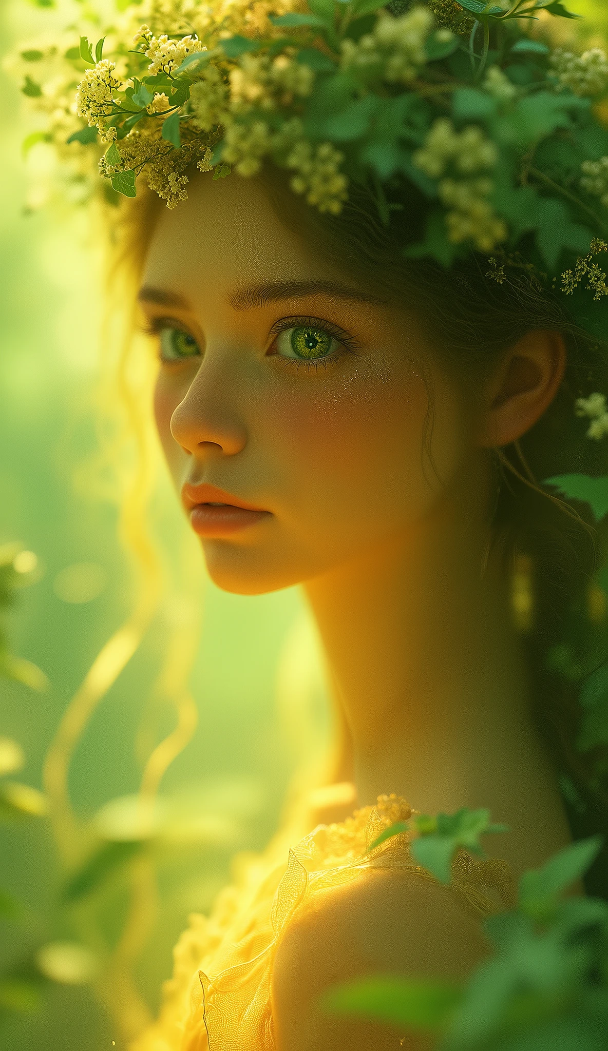 A luminous, cinematic keyframe depicting a close-up of a nymph with striking green eyes, enveloped by lush, vibrant foliage of the forest. A delicate, floral wreath adorns her head, complementing her slender features, while a diaphanous, earth-toned tunic accentuates her elegance, rendered in a stylized anime realism. The atmosphere is alive with cinematic color grading, infusing the scene with warmth and mystery. Soft, cinematic lighting casts a gentle glow, subtly accentuating the nymph's features, set against a shallow depth of field, further emphasizing her ethereal presence. The image is framed with a subtle vignette, punctuated by delicate bokeh, evoking the nostalgic texture of Kodak Porta 400 and CineStill 800 film stocks, as if captured through the lens of a Leica M10 camera, with a filmic quality that transports the viewer into an enchanted realm.