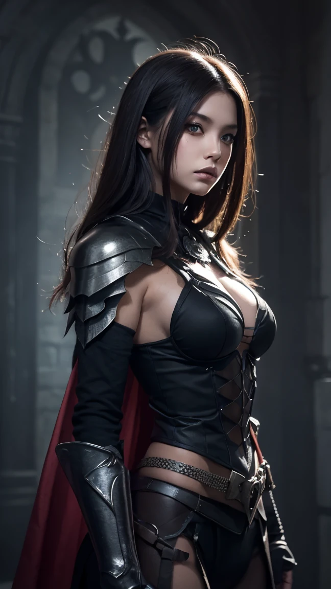 (eyepatch), holy paladin, scythe, dark Heavy armor, absurdres, RAW photo, extremely delicate and beautiful, masterpiece, Best Quality, ultra high resolution, 32k, hyperrealistic, ultra-detailed, detailed description, pale skin, 20 years old, tearful mole, earring, Colossal tits, short medium hair, wavy hair, evil grin, whole body shot,