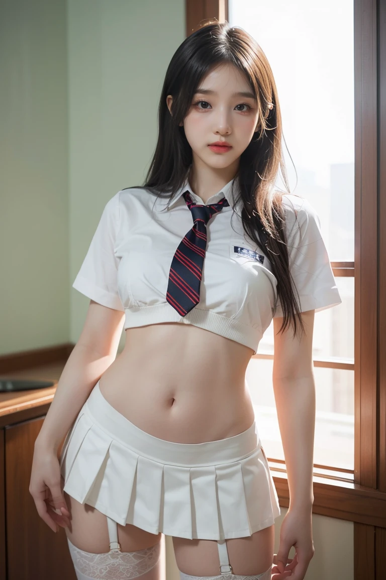 1young girl, (highly detailed eyes, highly detailed hair, highly detailed face), sexy feelings, sexy face, extremely detailed CG unified 8k wallpaper, Highly detailed, High-definition raw color photos, Professional Photography, Realistic portrait, Cinematic Light, Bangs, Beautiful breasts, underboob, (High school uniform), (Pleated mini skirt:1.2), hair blowing in the wind, (thin panties:1.4), pubic hair, sitting, spread legs wide open, outdoors, on the roof, (((Bokeh))), depth of fields, (View from below),