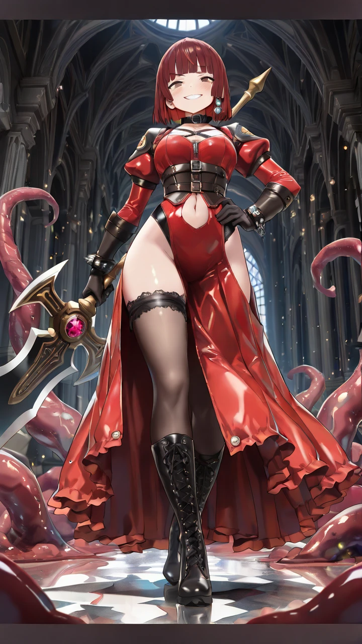 (best quality), (masterpiece), very aesthetic, absurdres, high res, all detailed, realistic, 1girl, (two side up), long hair, silver hair, (red pencil Dress, one side shoulders armor with Cape, red pencil miniskirt), medium cleavage, [black thigh-highs], [white panties], (injury skin, scar skin, bleeding skin, torn clothes:1.1), Broken Armor, BREAK NSFW, (tentacle Crucifixion, tentacle restrained, hanging, pink living cross, haritsuke, tentacle bound Ankles and Wrists and torso, leaning forward, head tilt), (one eye closed), cry, tears, sigh, blush, sweat, (outdoors, ship, Kraken), cinematic lighting, diffraction spikes, full body, (from below),