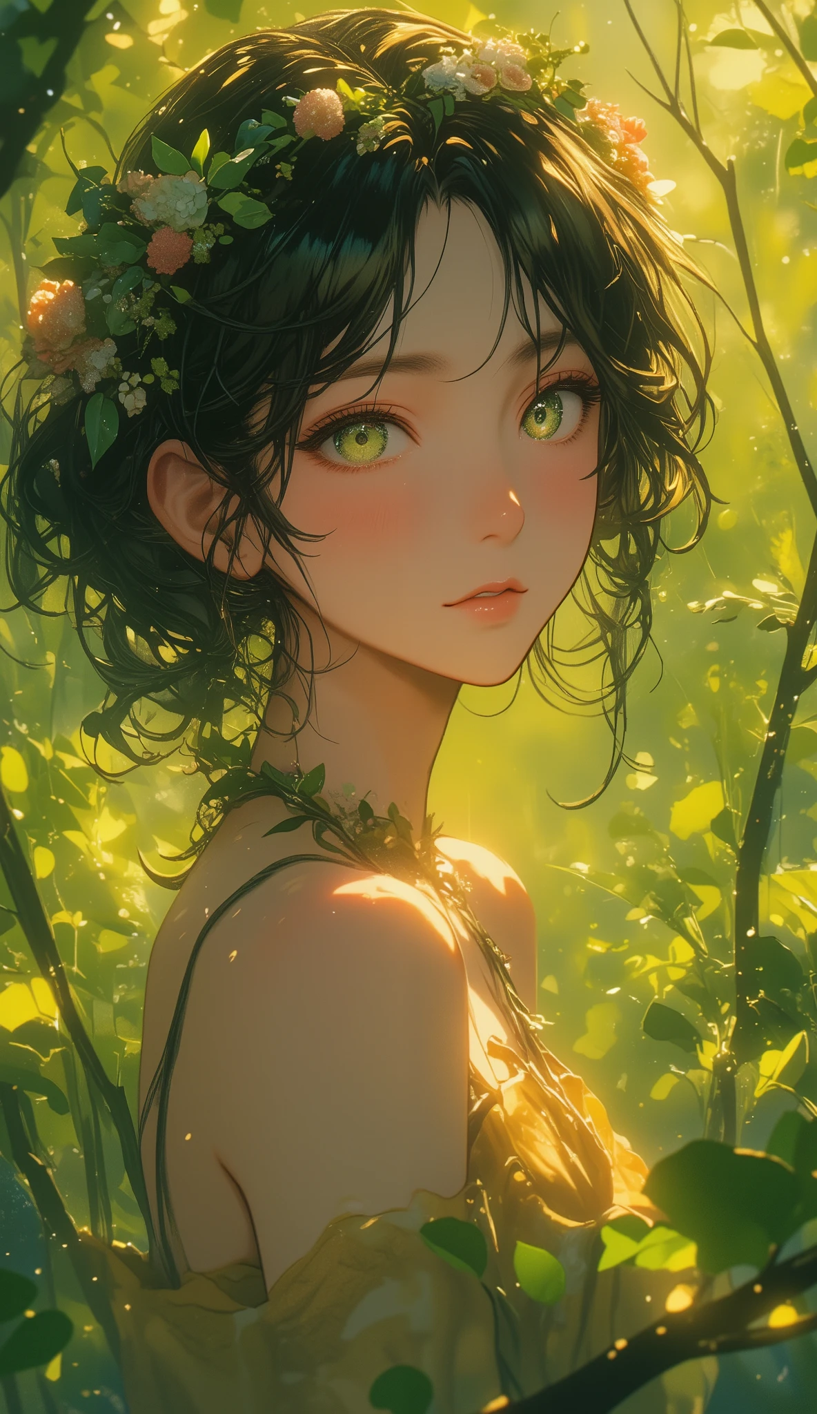 A luminous, cinematic keyframe depicting a close-up of a nymph with striking green eyes, enveloped by lush, vibrant foliage of the forest. A delicate, floral wreath adorns her head, complementing her slender features, while a diaphanous, earth-toned tunic accentuates her elegance, rendered in a stylized anime realism. The atmosphere is alive with cinematic color grading, infusing the scene with warmth and mystery. Soft, cinematic lighting casts a gentle glow, subtly accentuating the nymph's features, set against a shallow depth of field, further emphasizing her ethereal presence. The image is framed with a subtle vignette, punctuated by delicate bokeh, evoking the nostalgic texture of Kodak Porta 400 and CineStill 800 film stocks, as if captured through the lens of a Leica M10 camera, with a filmic quality that transports the viewer into an enchanted realm.