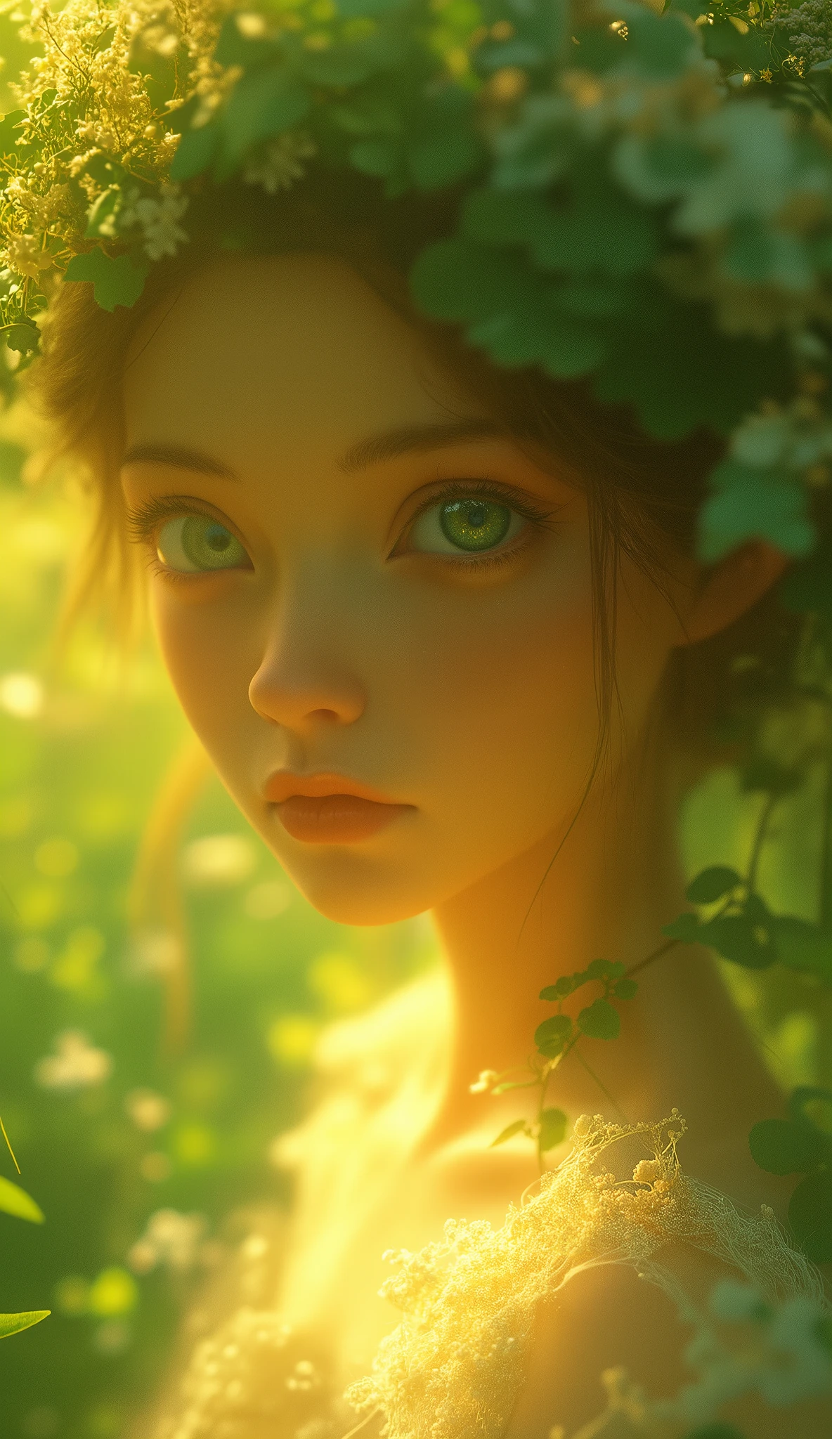 A luminous, cinematic keyframe depicting a close-up of a nymph with striking green eyes, enveloped by lush, vibrant foliage of the forest. A delicate, floral wreath adorns her head, complementing her slender features, while a diaphanous, earth-toned tunic accentuates her elegance, rendered in a stylized anime realism. The atmosphere is alive with cinematic color grading, infusing the scene with warmth and mystery. Soft, cinematic lighting casts a gentle glow, subtly accentuating the nymph's features, set against a shallow depth of field, further emphasizing her ethereal presence. The image is framed with a subtle vignette, punctuated by delicate bokeh, evoking the nostalgic texture of Kodak Porta 400 and CineStill 800 film stocks, as if captured through the lens of a Leica M10 camera, with a filmic quality that transports the viewer into an enchanted realm.