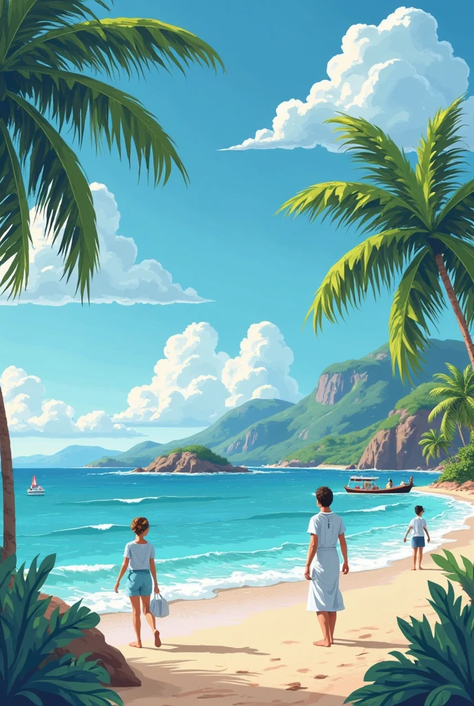 Epic Movie Poster, 1 Grandfather and 1 Black Haired Girl Walking on the Shore of the Beach, Playa, Palmeras, Hotel, cielo estrellado, Noche, cielo nocturno, solamente, al aire libre, nube, milky way, fantasy art, Jungle Decoration, 4k-resolution, 8 k resolution,Tulipanes, autumn,