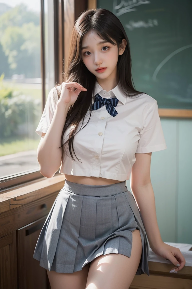 UHD, retina, Masterpiece, ccurate, Anatomically accurate., textured skin, super detaill, high detailed, High Quality, Award-Standing, Best Quality, high resolucion, 4k,Women over 20 years of age,adult woman,pantyshot、Panty charm、sexy panty,Beautiful Woman in Japan、beautiful asian woman、Beautiful Korean Woman、Sexual facial expressions,sexy poses,beautifull face,Black eyes,white skinned,small mouth,High cheekbones (definition), Sexy Pose,(leaning forward:1.3), (realisitic:1.4), cowboy shots, 1 beautiful Japanese girl, supermodel, (sitting at the desk:1.1), ((school uniformss:1.4)), (Lift your skirt big and big:1.8), (Show your panties to the camera:1.8), (School Classroom Background:1.1),