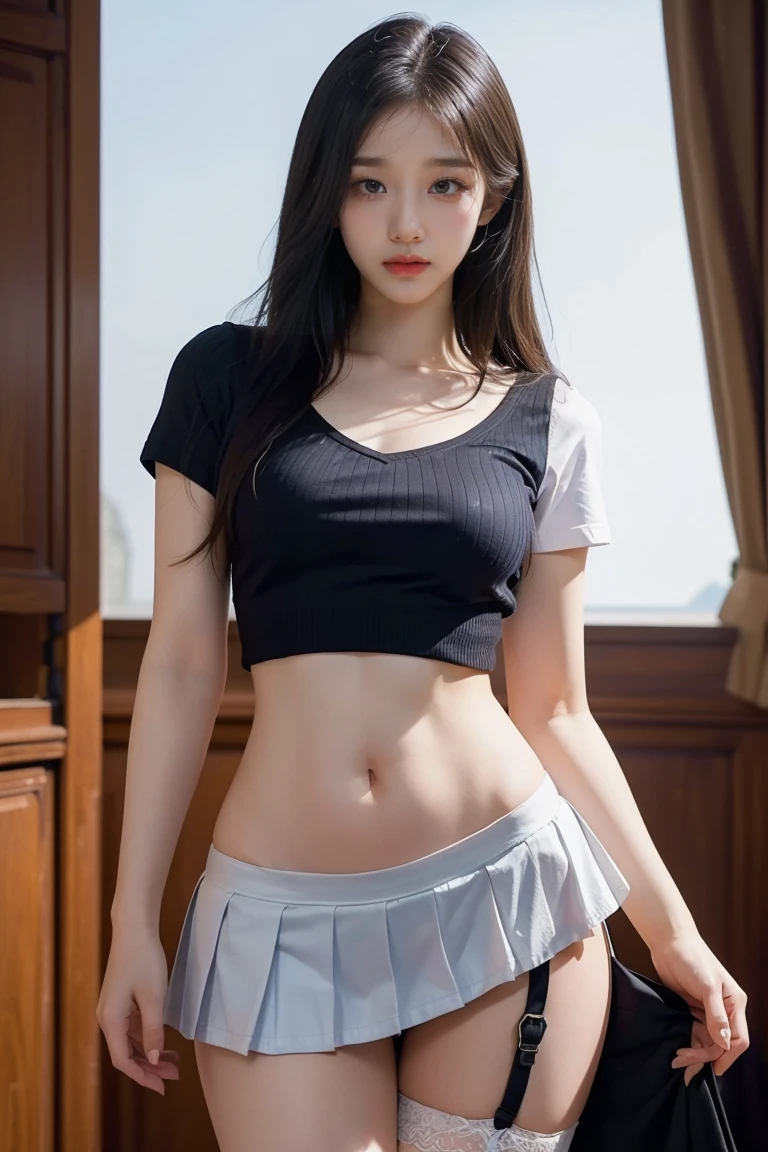 best qualtiy, tmasterpiece, A high resolution,8K,(realisticlying:1.4),超A high resolution,1girll, ultra - detailed, hyper realisitc, highly detailed CGillustration, offcial art, cinematric light, Realistis, Young and beautiful girl, perfect body figure, perfect body figure, full pov, Perfect body, (Starting below:1.3), lewd poses, long sexy legs, self-assured, Beautiful Sexy, short- sleeved, Open abdomen, pleated super short skirt, S-shaped body, Upturned buttocks,posing on a,Pose,Different Perspectives,the street
