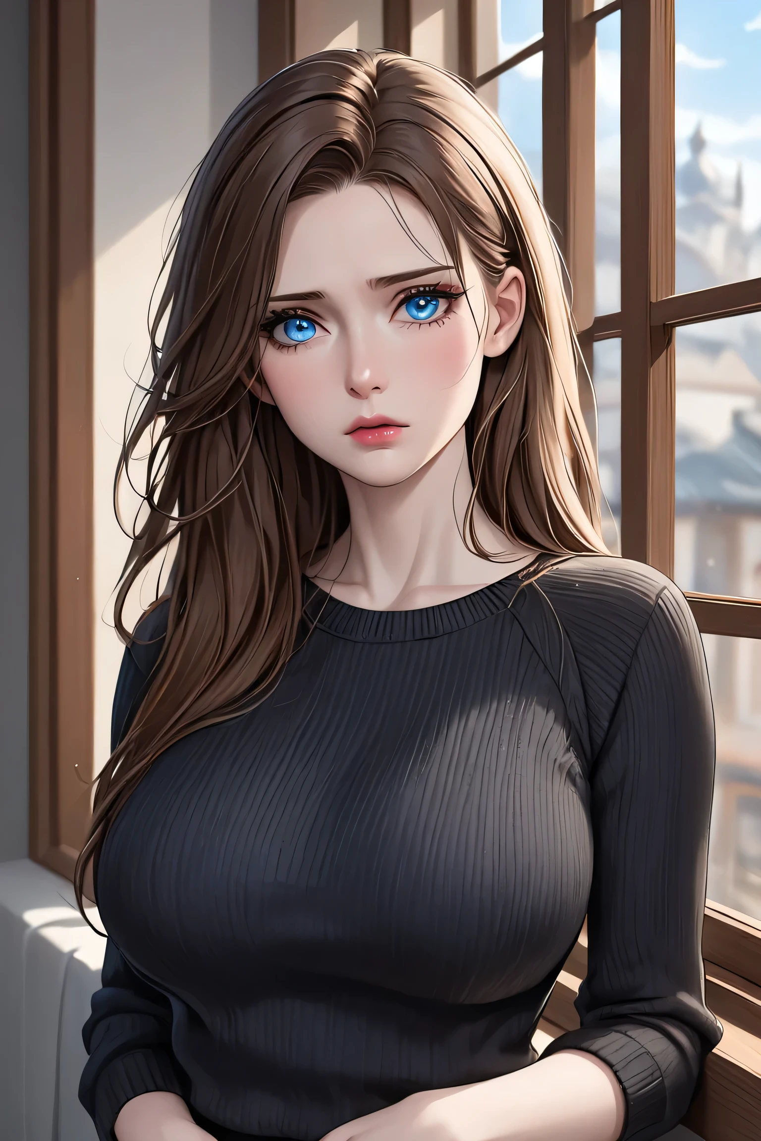 Brown long fluffy hair, fluffy hair, bear ears, bear, big breasts, attractive, turtleneck sweater, turtleneck, thicc body, thicc, freckles, freckles on face, neutral expression, smug eyes, bored eyes, skirt, black skirt