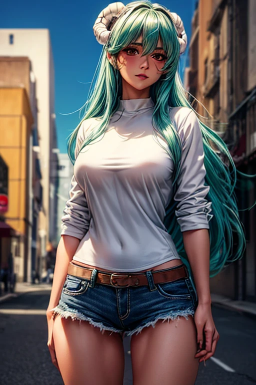 vivi from anime one piece, long hair, light blue hair, ponytail hair, perfect body, perfect breasts, beautiful woman, very beautiful, wearing blue over sized t-shirt, short jeans, wearing handbag, wearing watch, wearing earrings , super market, Realism, masterpiece, textured skin, super detail, high detail, high quality, best quality, 1080P, HD, 16k