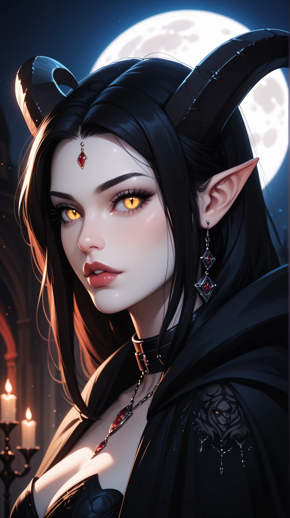 score_9, score_8_ upwards, score_7_ upwards, score_6_ upwards, score_5_ upwards, ((( beautiful , high quality))), looks towards , portrait, score_9, score_8_ upwards, score_7_ upwards, black sclera , slit p upwardsils, A tiefling, spider eyes , yellow eyes, white skin, black hair, dark background , blurred background, Gothic, posing, at night, realistic natural light , big , mantle, beautiful detailed lips , long eyelashes , good anatomy, seductive look, big thick black horns, collar, demon tail, dark fantasy, moon, 8 k, photorealistic