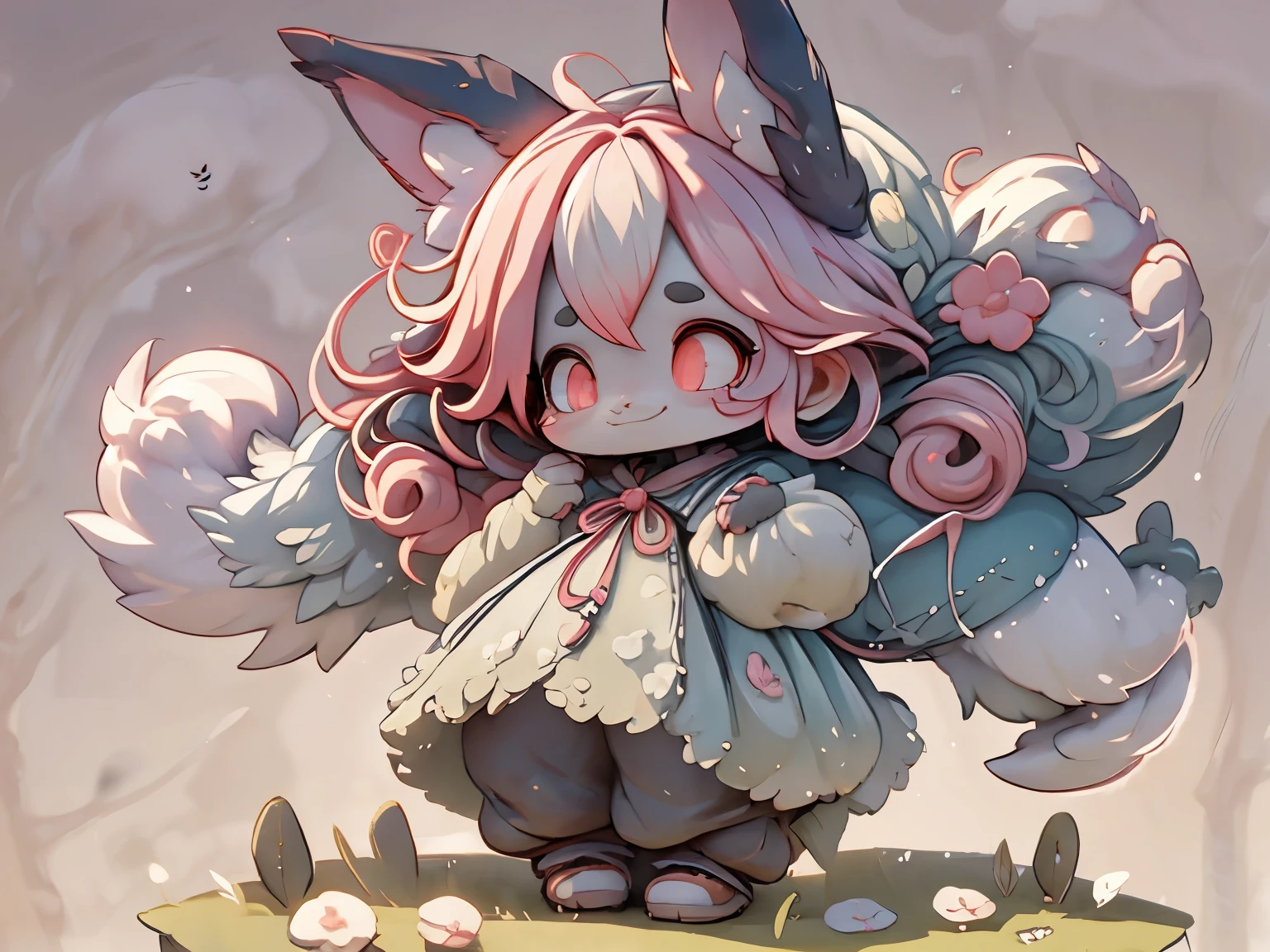  alone ,   1girl  \(cute, cute,Small ,Pink Hair , red eye,Detailed pupils, wearing clothes\( Alice in Wonderland \), Rabbit ears, big eyes,Smile,Eat cake,cute pose\). [break .background\(simple,cute, heart-shaped logo symbol \). [break . quality\(【8k,Extremely detailed CG unit wallpaper,  high resolution, top- quality, top- quality real texture skin, hyper-realistic, 提 high resolution,  original photo, best  quality,  Height Detail , wallpaper,golden ratio, high saturation realistic ,  Vivid Colors , 戲劇性燈光,  persuasive storytelling , atmospheric landscape,   mesmerizing visuals  ,  intricate details ,  intense emotion , fantastic world , Masterpiece,  very beautiful ,  high resolution, 超 high resolution, landscape\).