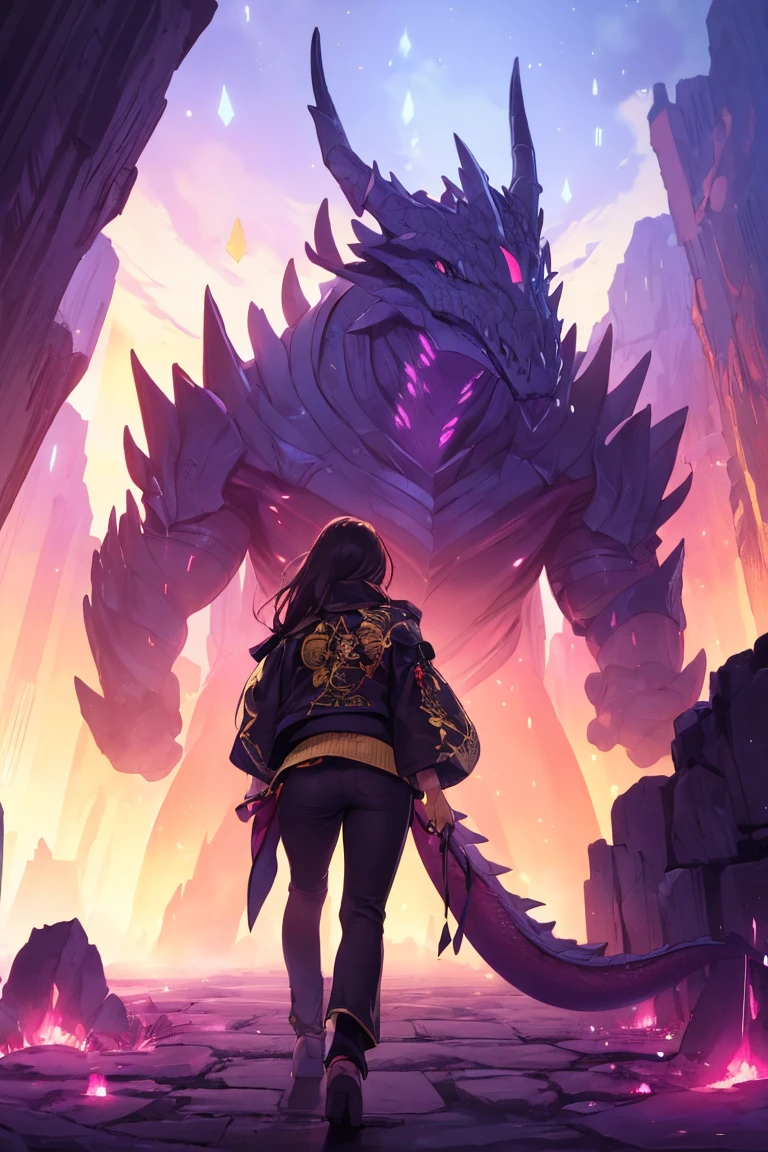 masterpiece, high quality, highly detailed, detailed background, female, large breasts, very long hair, messy hair, knight, heavy armor, demon, demonic, curly horns, evil, cave, dungeon, stalactites, cracked, stones, gravel, rubble, night sky, archway, low angle view