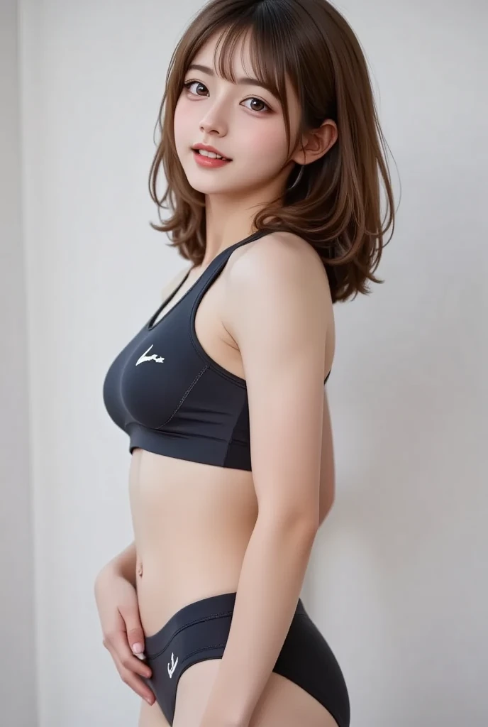 masutepiece, Best Quality, Live action, Ultra-detailed, finely detail, hight resolution, 8K Wallpaper, Perfect dynamic composition, Beautiful detailed eyes, Medium hair in a ponytail,Huge chest under the shirt:2.0、Natural Color Lip, Bold sexy poses,Smile,20 years girl、Cute、Sexy shot looking at camera、Shot from the knee up、full body seen、((Being in the gym:2.0、shiny bikini、Black walls、Power Rack、From the knee up、Line、big eye、long lashes、Colossal tits:1.5、backs、s ass、Backward posture、From the knee up))