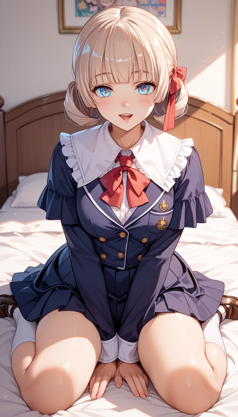 a beauty girl，girl with，a smile，Beautiful uniform jacket.，Ribbon on uniform、premium，Masterpiece，colossal ，ultra high resolution，multicolor fur，Excellent style，perfect facial features，a beauty girl，modeling，girl，long，Masterpiece，a bed，loose socks，
