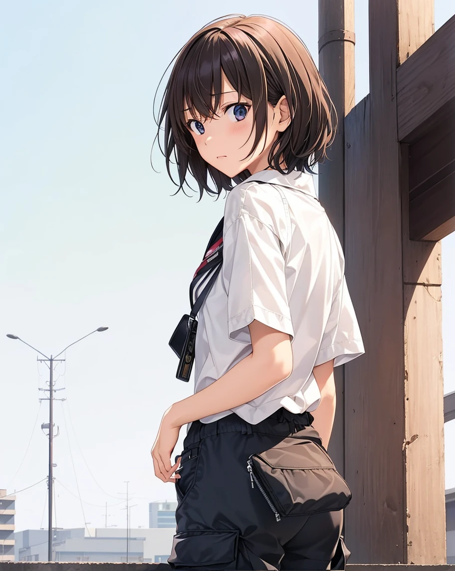 A female surveillance officer belonging to the Criminal Division 1 of the Public Security Bureau, navy blue tight skirt, navy blue jacket, white shirt, tie, police handgun holder on her waist, legs up on an abandoned pipe, ((lifts up her skirt)), (white panties), anime style,