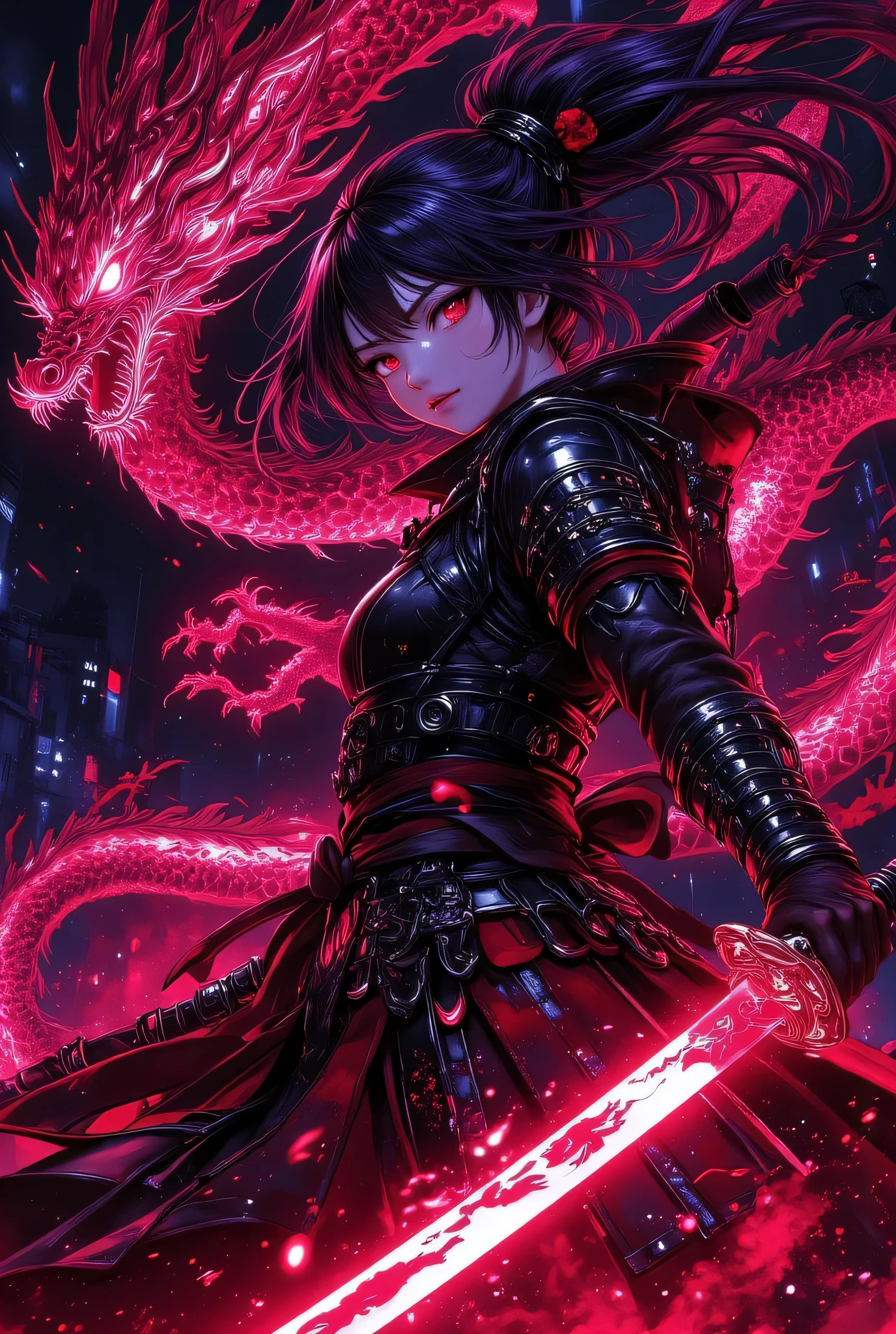masterpiece,best lighting, detailed illustration, detailed background, cinematic, beautiful face,beautiful eyes,
1lady,(((dark purple hair,red eyes))),
upper body,ninja,kunoichi,
holding a sword,beauty sword,glowing sword,
jumping,action pose,dynamic pose, from below,
searing beams,dark blue and black background,cool,
(((red dragon))), incinerating breath,
