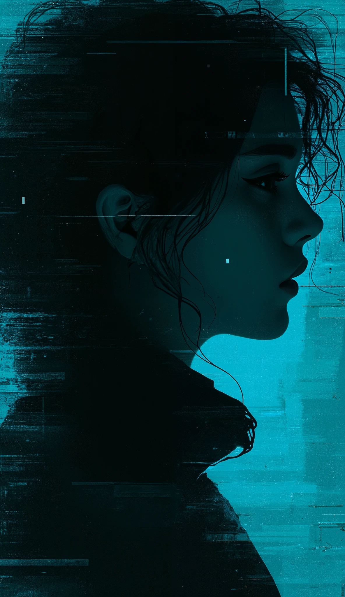 Create an intense, evocative portrait of European woman in the Japanese retro anime style of the 80s and 90s. Portrait of contrast. Profile silhouette, very dark backdrop with glitches. The blue and pink and black palette intensifies the mood, evoking a sense of mystery and allure. Subtle film grain and meticulous shading add depth and texture, emphasizing the emotional gravity of the scene. The lighting creates a chiaroscuro effect, accentuating her expressive pose and the intense atmosphere.
