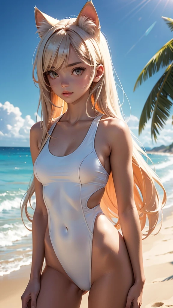 Tokidoki Bosotto a beautiful young woman with grey hair, blue eyes, wearing a white bikini, standing on a beach, soft sunset lighting, (best quality,4k,8k,highres,masterpiece:1.2),ultra-detailed,(realistic,photorealistic,photo-realistic:1.37),highly detailed face and body, detailed fabric textures, detailed ocean and beach scene, dynamic pose, warm color tones, dramatic lighting, intricate details