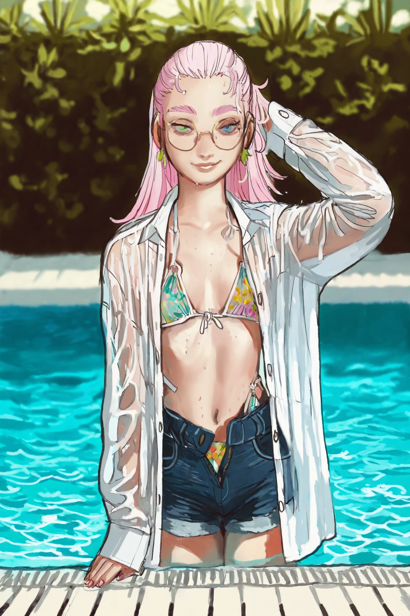 masterpiece,best quality,good quality,newest,very awa,absurdres,highres,cannedmos,
masterpiece, best quality, good quality, very awa, newest, highres, absurdres, 1girl, solo, pale pink hair, (heterochromia:1.1), (blue eyes:0.9), round glasses, pink eyebrows, eyelashes, small breasts, looking at viewer, white shirt, completely soaked, translucent fabric, denim shorts, (unbuttoned:1.2) shorts, wet skin, wet hair slicked back, standing near pool, hair flip, seductive smile, outdoors, private villa poolside, tropical greenery, crystal clear water, luxury pool chairs, bright summer sunlight, (dark shadows:1.0), high contrast, volumetric lighting, intricate details, blurry background, depth of field