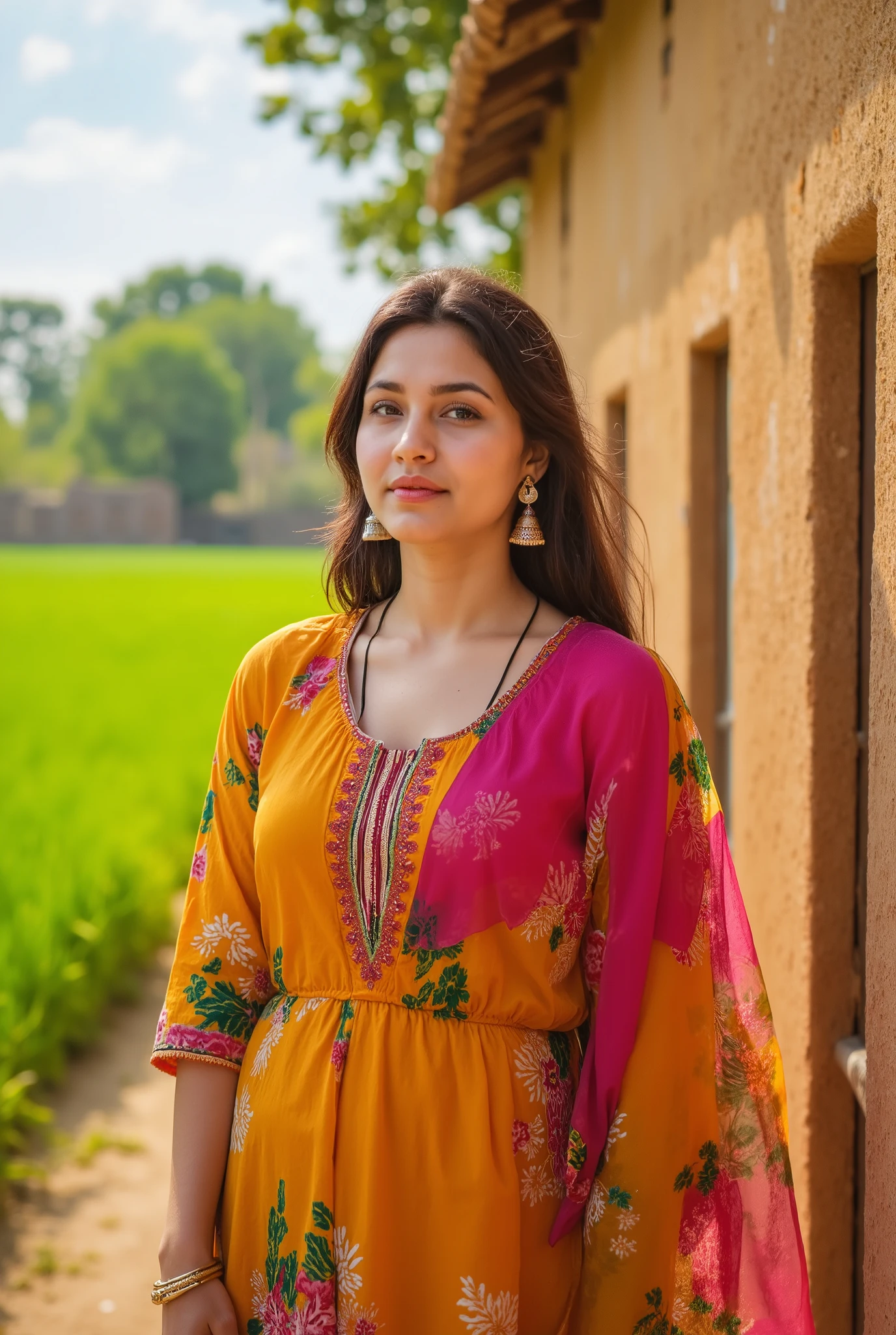 24 year girl in Indian village not modern village rural vibe wearing punjabi patiyala suit