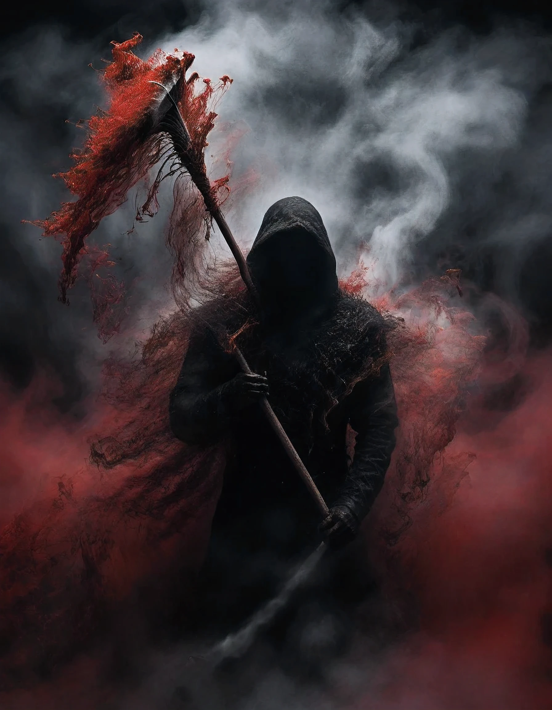 Black grim reaper, Engulfed BY black and red, (Holding scythe),detailed weapon, best quality, ultra-detailed, dark and mysterious, Gothic style, menacing presence, haunting atmosphere, ethereal lighting, grim and foreboding, eerie shadows, swirling mist, supernatural elements, skull motif, dramatic composition, macabre aesthetics,