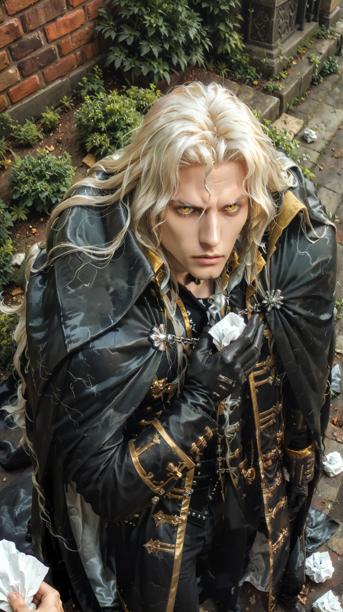 score_9, score_8_above, score_7_above, score_6_above, score_5_above, score_4_above, zPDXL2,source_anime, review_ questionable , 1 boy, alucard_castelovania, long hair, cape, tissue, yellow eyes , black gloves, black pants, coat