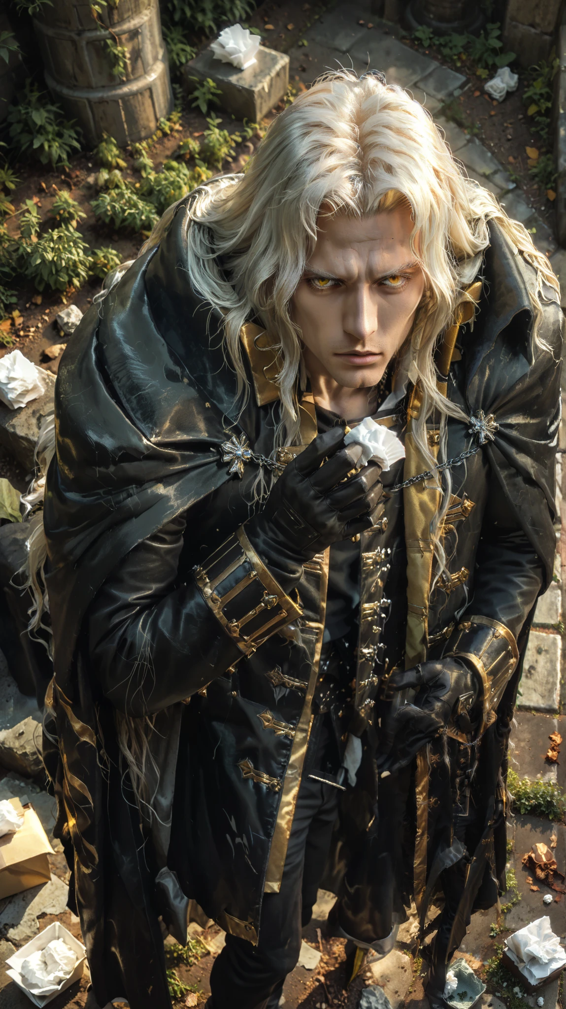 score_9, score_8_above, score_7_above, score_6_above, score_5_above, score_4_above, zPDXL2,source_anime, review_ questionable , 1 boy, alucard_castelovania, long hair, cape, tissue, yellow eyes , black gloves, black pants, coat