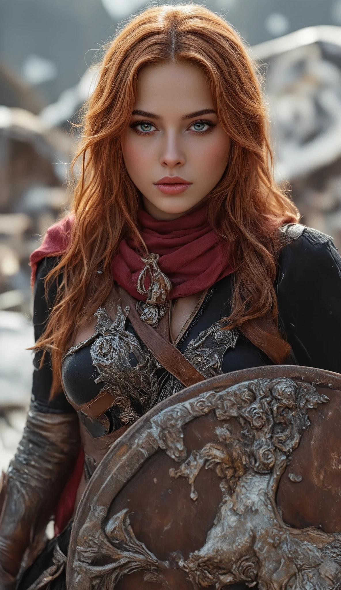 ((masterpiece, highest quality, Highest image quality, High resolution, photorealistic, Raw photo, 8K)), ((Extremely detailed CG unified 8k wallpaper)), (huge stunning goddess shot, very hot and sexy, jaw-dropping beauty, perfect proportions, beautiful body, slim body beauty:1.4), arafed woman in armor holding a sword and shield, portrait of a barbarian female, north female warrior, a very beautiful berserker woman, north adult female warrior, female barbarian, female warrior, portrait of a barbarian woman, barbarian warrior woman, very beautiful female barbarian, barbarian class, portrait of a woman warrior, rpg portrait concept art, (beautiful warrior, holding short sword and small shield, Wearing a red scarf, leather armor), (Orange hair, blue eyes, dark skin), (amphitheatre, Fighting while being watched by the crowd, motion blur), movie poster, large "INFINITY" written at bottom of screen,