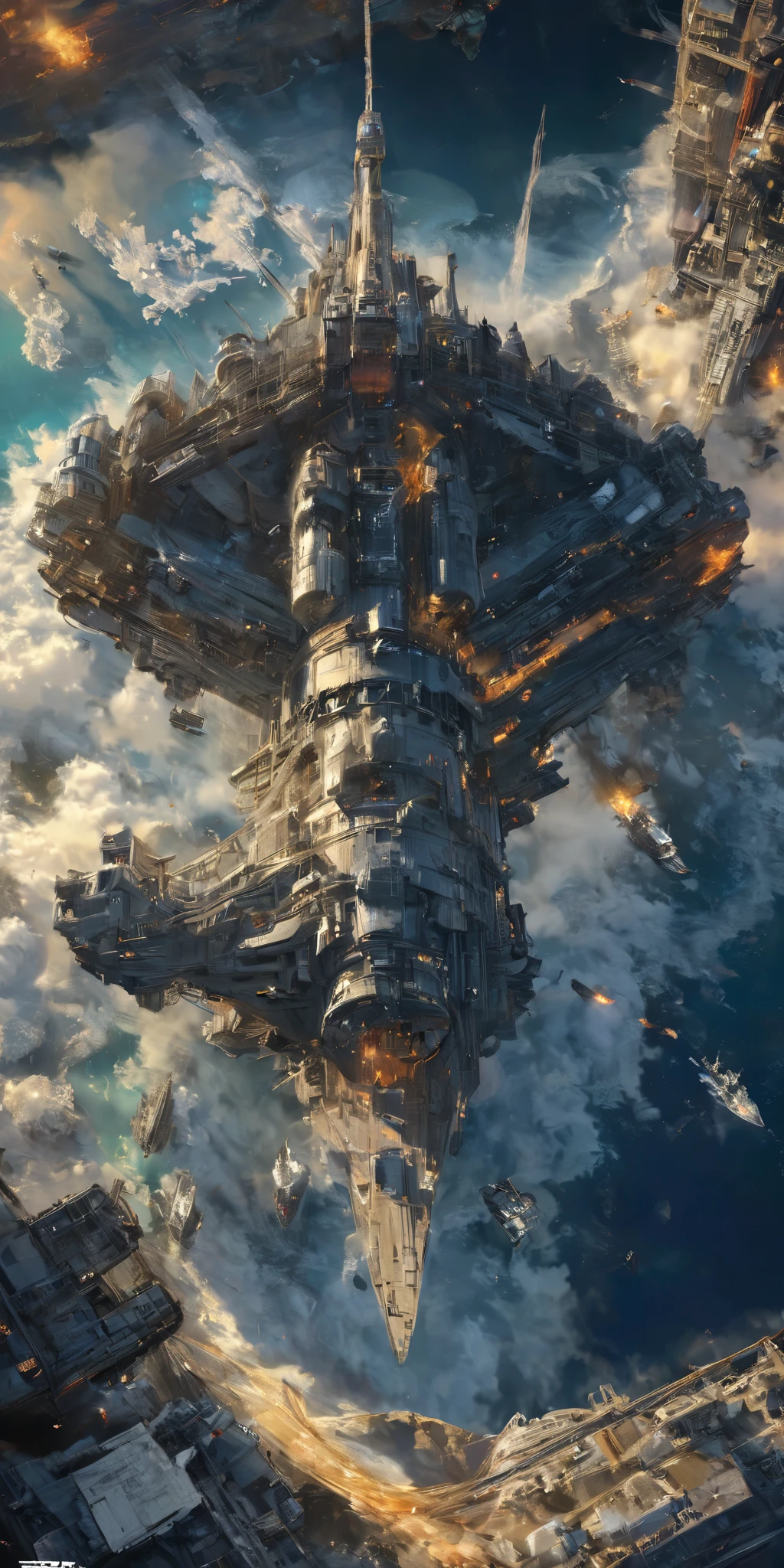 quality\(8k, extremely detailed CG unit wallpaper, masterpiece, high resolution,top- quality,top- quality real texture skin, surrealistic, resolution, RAW Photo,最高の quality, High precision,wallpaper, cinematic lighting , Raytrace , golden ratio\), break , many spaceships are fighting ,,Very dark outer space , dynamic angle, science fiction, future, space opera, Star Wars ,Galactic War,landscape,Long Hit, wide shot,World War 3,War Fire, explosion