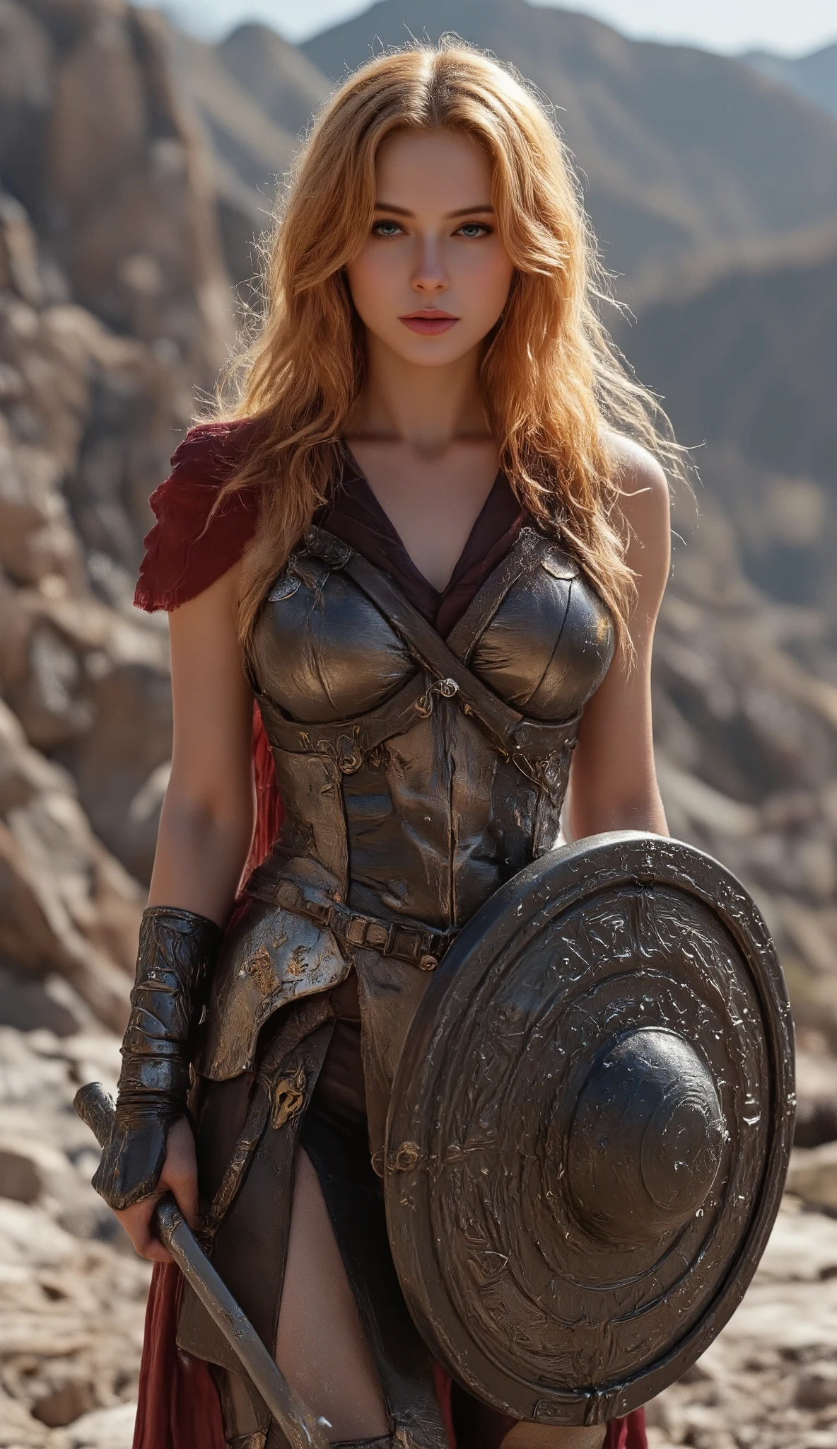 ((masterpiece, highest quality, Highest image quality, High resolution, photorealistic, Raw photo, 8K)), ((Extremely detailed CG unified 8k wallpaper)), (huge stunning goddess shot, very hot and sexy, jaw-dropping beauty, perfect proportions, beautiful body, slim body beauty:1.4), arafed woman in armor holding a sword and shield, portrait of a barbarian female, north female warrior, a very beautiful berserker woman, north adult female warrior, female barbarian, female warrior, portrait of a barbarian woman, barbarian warrior woman, very beautiful female barbarian, barbarian class, portrait of a woman warrior, rpg portrait concept art, (beautiful warrior, holding short sword and small shield, Wearing a red scarf, leather armor), (Orange hair, blue eyes, dark skin), (amphitheatre, Fighting while being watched by the crowd, motion blur), movie poster, large "INFINITY" written at bottom of screen,