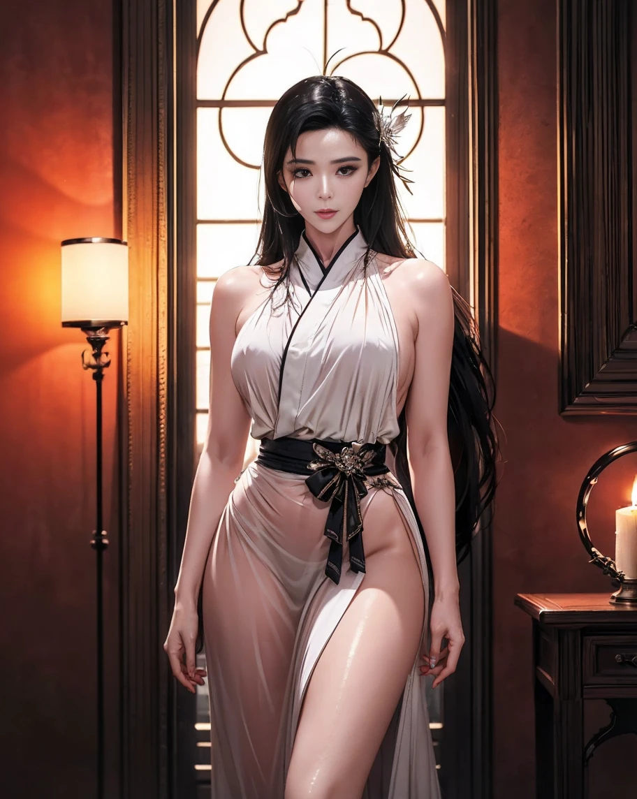 figure from head to toe of a girl with a black hair and big golden eyes with fiery ouroboros-shaped handband, dressed in a short light grey tunic, standing od the black stone floor, blurred stricks and spots in the background, bright light, fantasy style, highly details