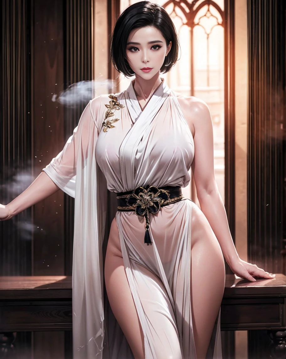A lady with extraordinary temperament, she stands in a modern indoor space, as if she is a model from a fashion magazine. She is wearing a (pure white long fur cape), the softness and luster of which makes her look more noble under the light, and complements her (beige dress) underneath, showing her gentle temperament while maintaining a sense of fashion. The style of the dress is simple and generous, a perfect match, and it lengthens her figure, making her tall and charming. The lady's makeup is delicate and elegant, which just highlights her facial features and makes people unforgettable at first sight. Although the earrings and necklace she wears are not ostentatious, they add a bit of sophistication and nobility to her overall look. Her hair is casually draped over her shoulders, and every strand of hair exudes a natural luster,, (best quality,8k,highres,masterpiece:1.2),ultra-detailed,(realistic,photorealistic,photo-realistic:1.37),studio lighting,ultra-fine painting,sharp focus,physically-based rendering,extreme detail description,professional,vivid colors