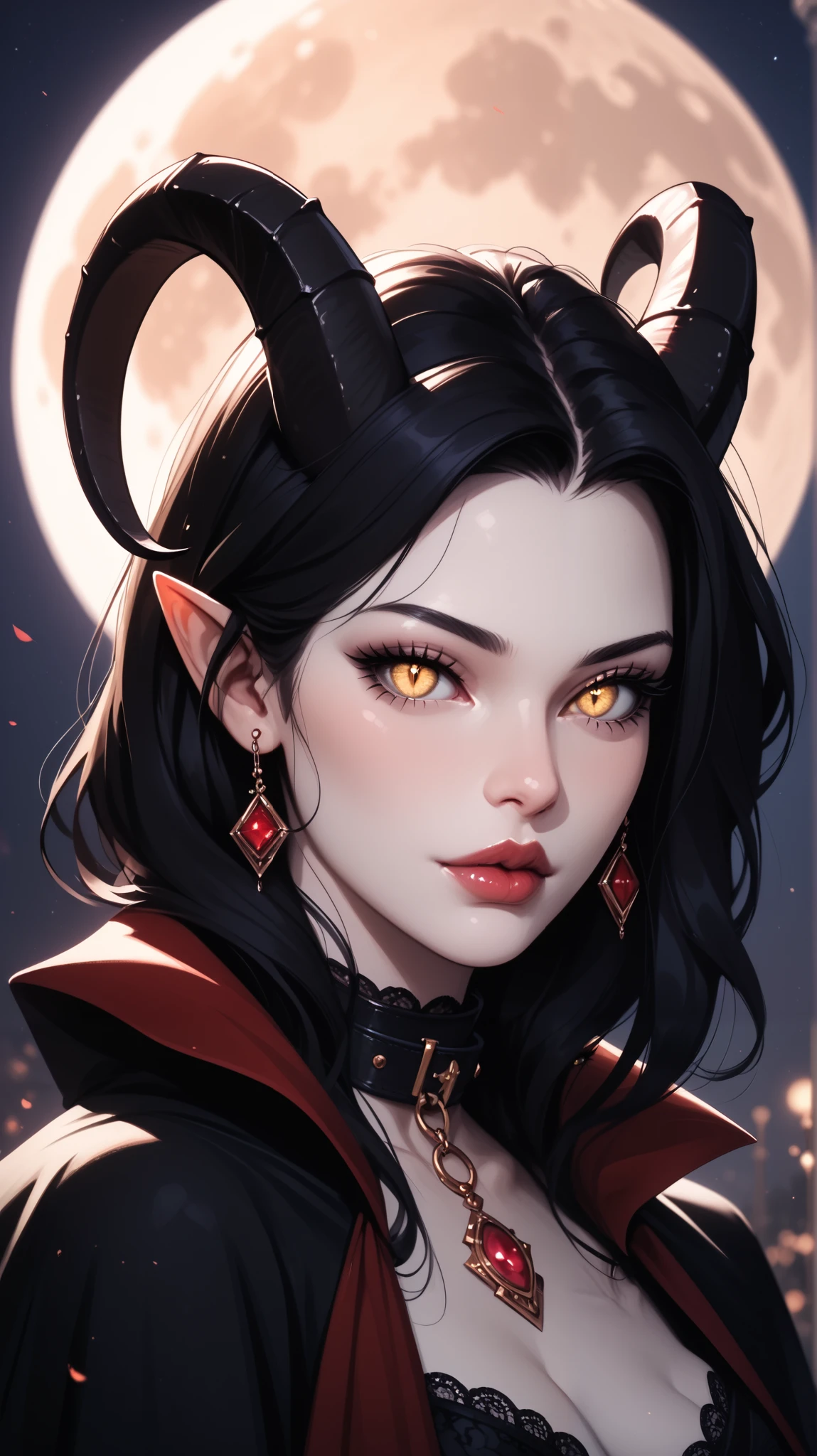score_9, score_8_ upwards, score_7_ upwards, score_6_ upwards, score_5_ upwards, ((( beautiful , high quality))), looks towards , portrait, score_9, score_8_ upwards, score_7_ upwards, black sclera , slit p upwardsils, A tiefling, spider eyes , yellow eyes, white skin, black hair, dark background , blurred background, Gothic, posing, at night, realistic natural light , big , mantle, beautiful detailed lips , long eyelashes , good anatomy, seductive look, big thick black horns, collar, demon tail, dark fantasy, moon, 8 k, photorealistic